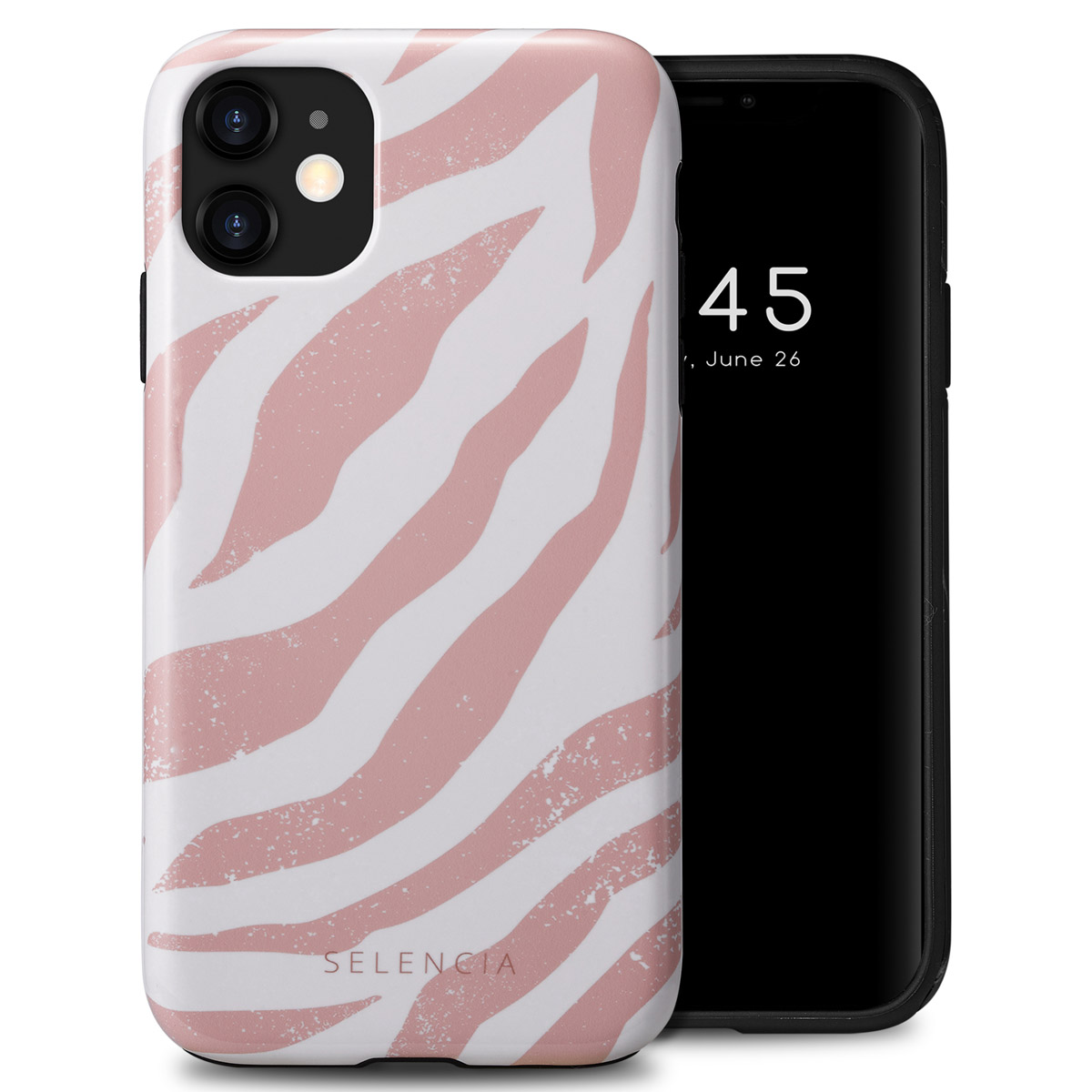 Telefoonhoesje met roze zebra strepen. Telefoon met zwart scherm. Selencia logo zichtbaar.