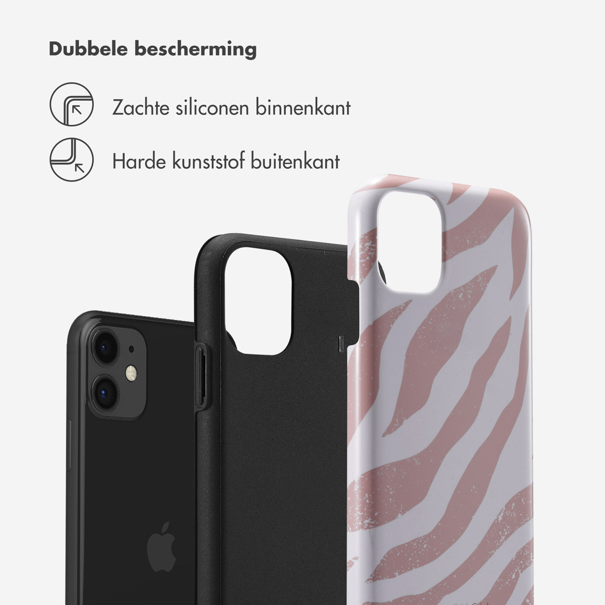 Close-up van telefoonhoesje en telefoon. Roze zebra patroon op de hoes. Dubbele bescherming getoond.