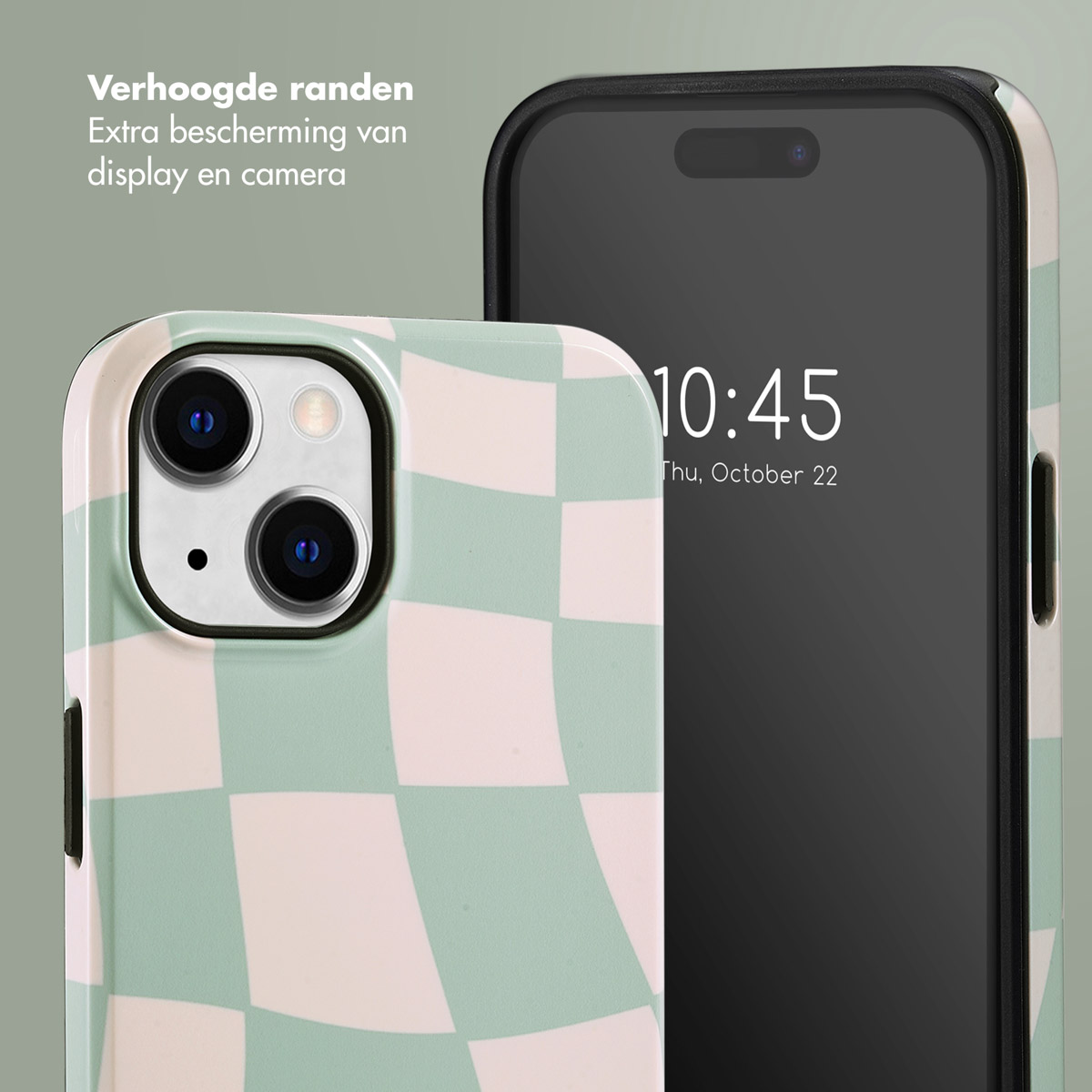 Nahaufnahme von Handy und Hülle mit grün-rosa Schachbrettmuster. Datum und Uhrzeit auf dem Bildschirm.