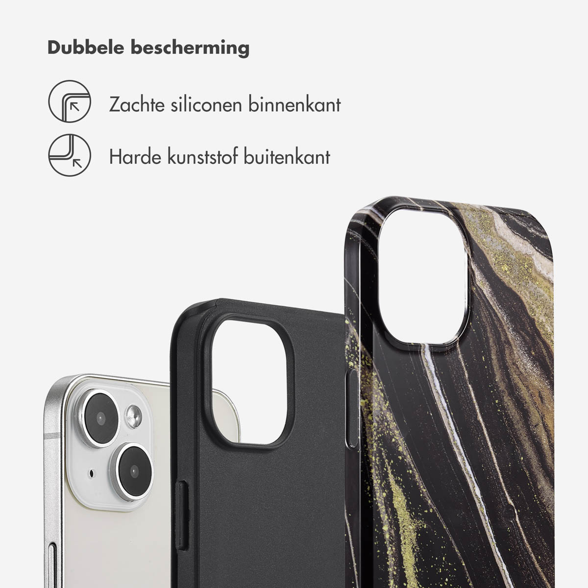 Trois coques de téléphone : noire, marbrée dorée et téléphone blanc. Le texte met en évidence la double protection.