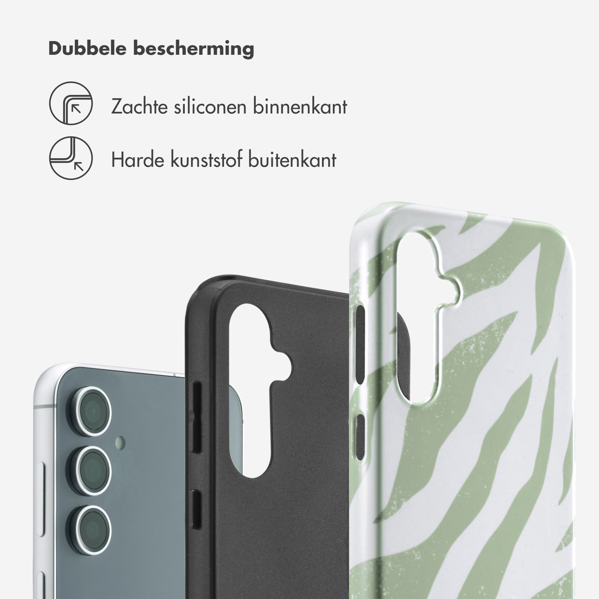 Telefoonhoesje met groen en witte zebra strepen, telefoon en zwarte hoes. Tekst: Dubbele bescherming.