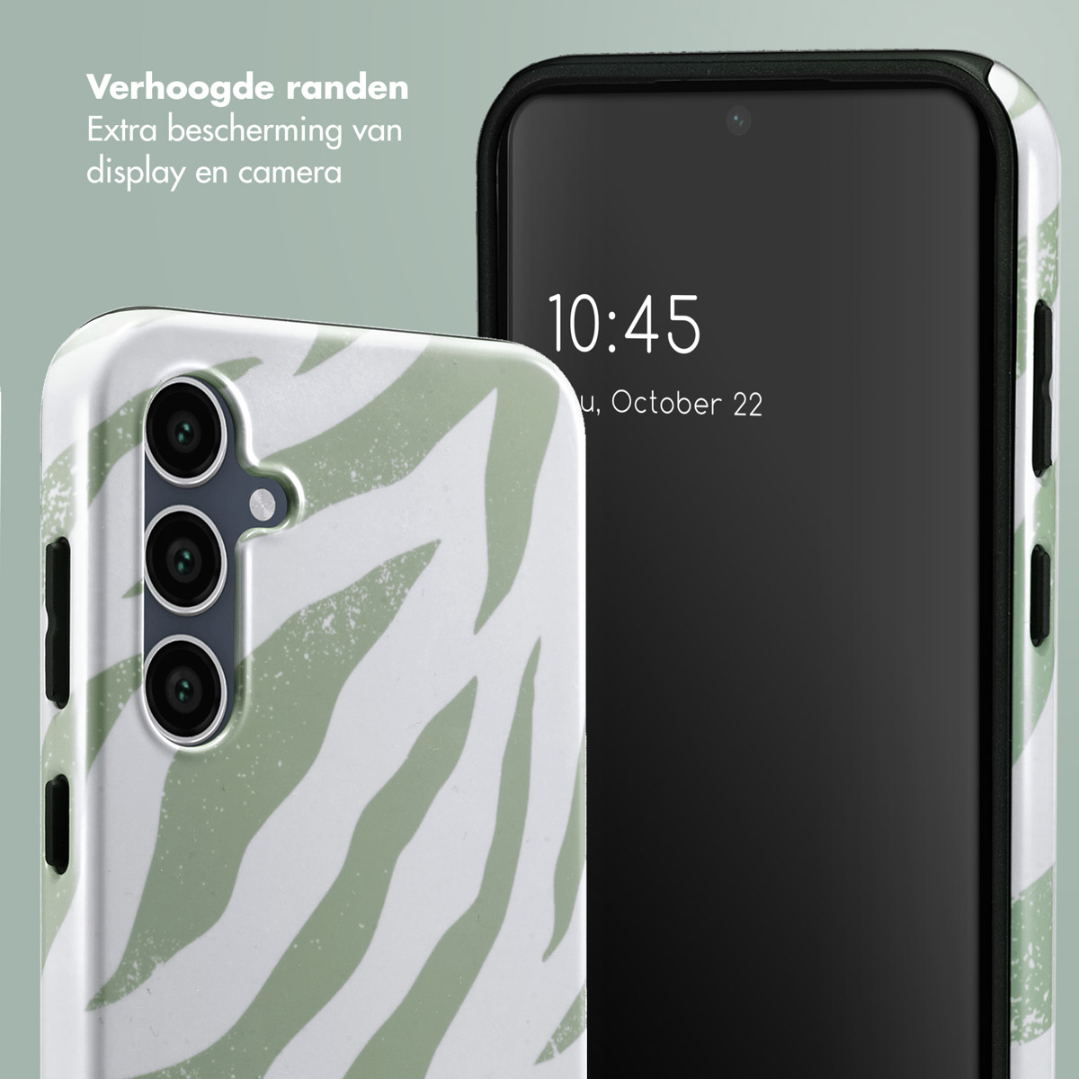 Twee telefoons met hoesjes. Eén met groene zebraprint, één met zwart scherm.