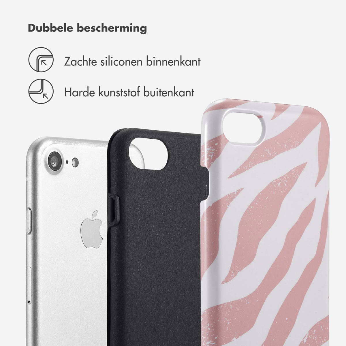 Een zilveren telefoon naast een zwarte telefoon in een roze en witte zebraprint hoes.