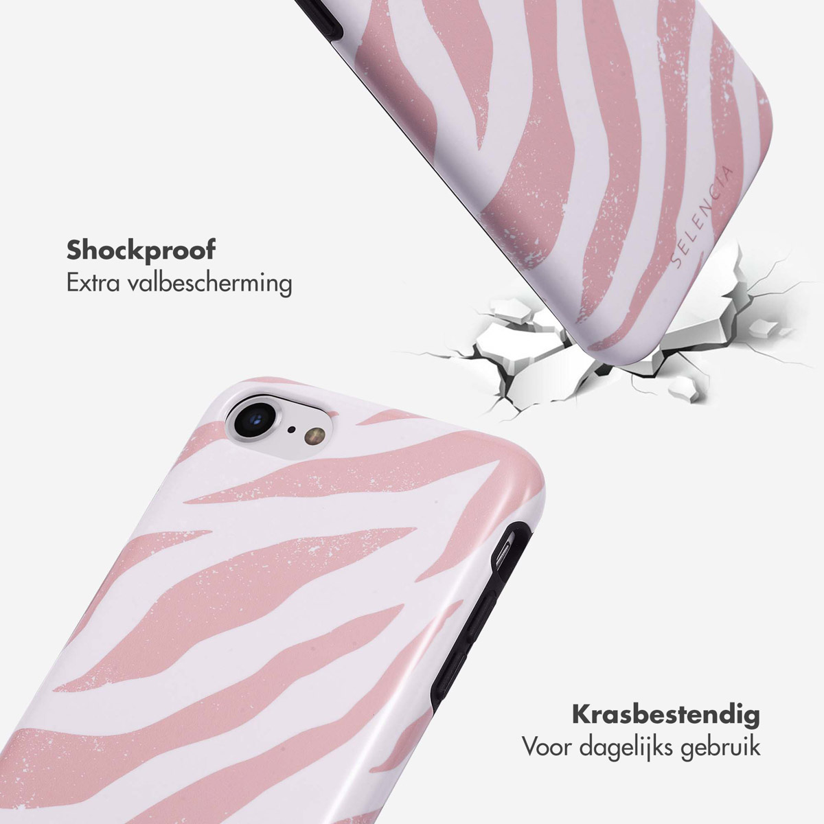 Twee telefoonhoesjes. Eén valt, met een gebarsten scherm. Beide hebben een roze en wit zebrapatroon.