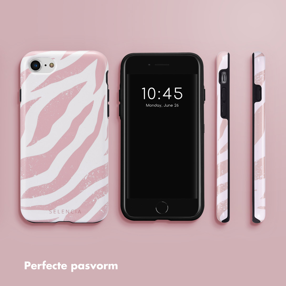 Drie telefoons met hoesjes. Eén roze-wit zebra design, tegen een roze achtergrond.