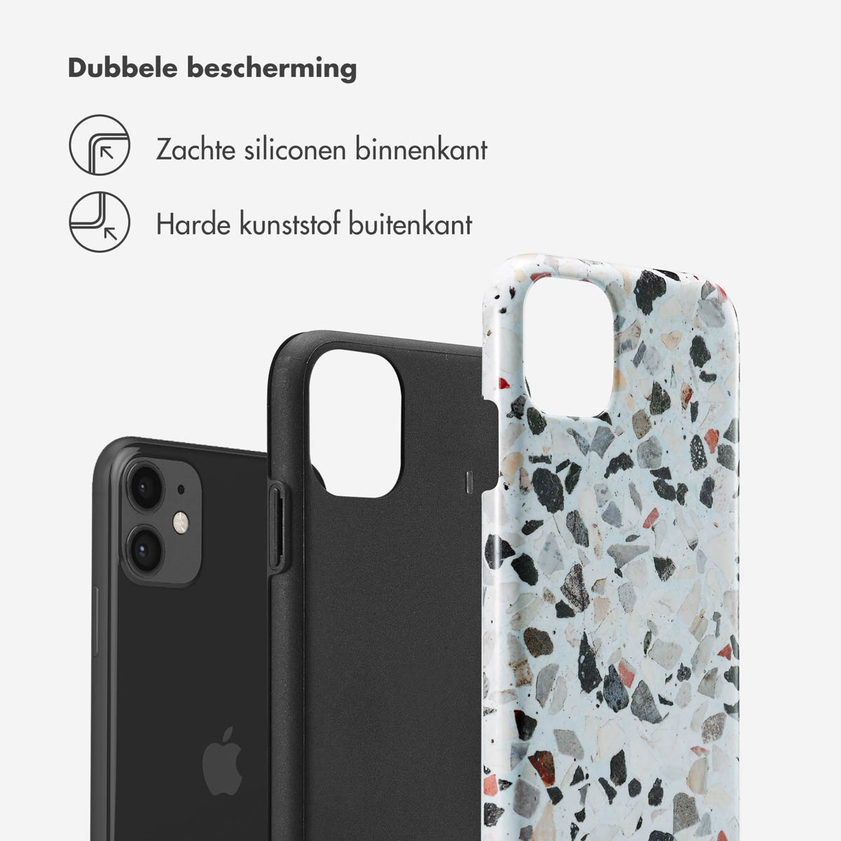 Drie telefoonhoesjes. Eén zwart, één met een gespikkeld patroon en een telefoon.