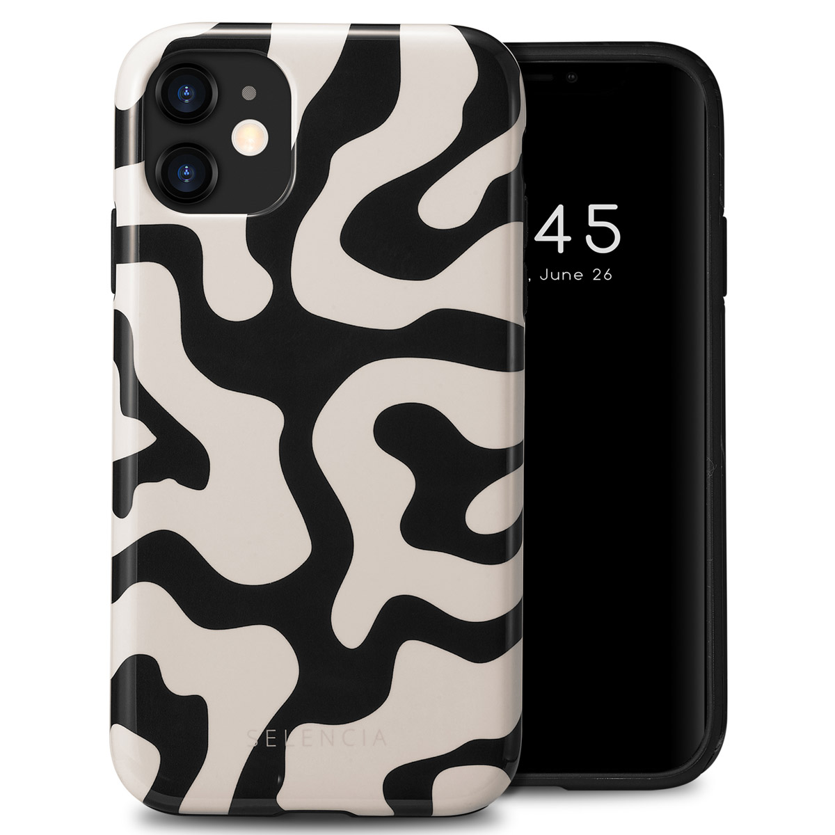 Telefoon en hoesje met zwart-wit golvend patroon. De telefoon toont 10:45 op maandag 26 juni.