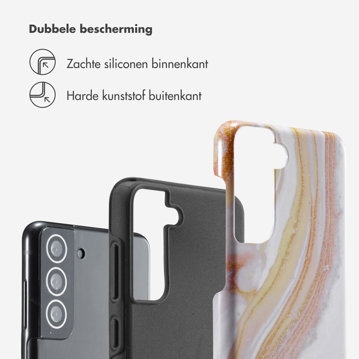 Un téléphone noir et une coque de téléphone avec un design en marbre, montrant l'intérieur avec la coque ouverte.