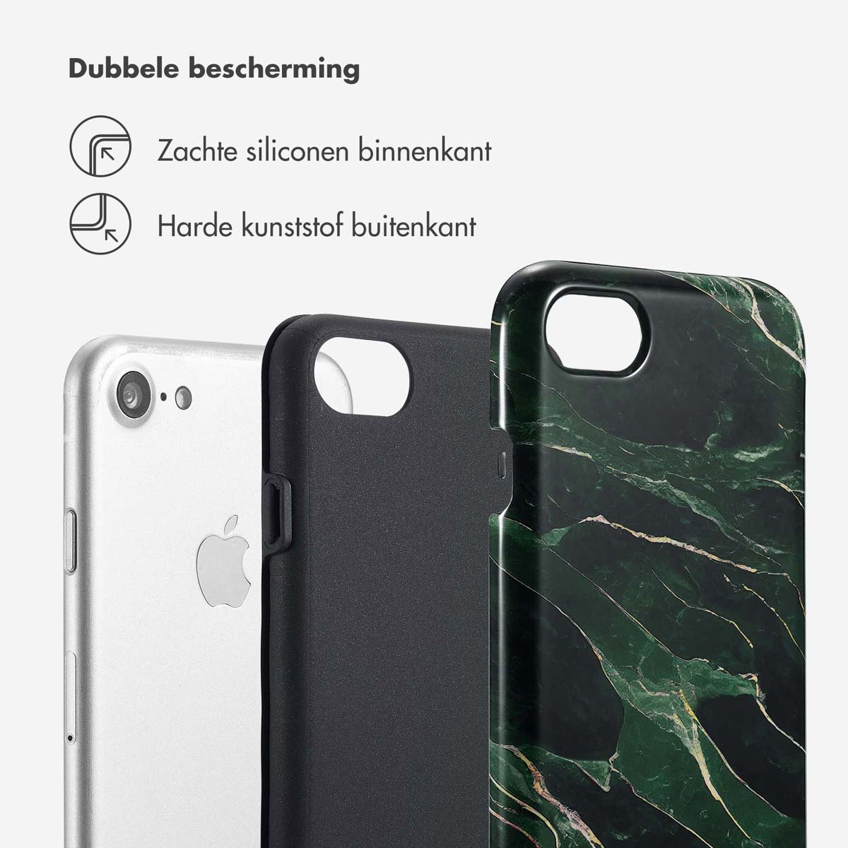 Drie telefoonhoesjes, een zilveren, een zwarte en een groene marmeren. Eigenschappen en tekst worden getoond.