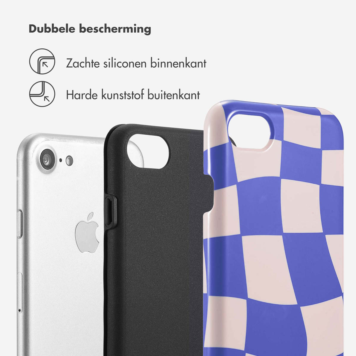 Telefon mit blau-weißem Schachbrettmuster-Hülle. Text, weiches Silikon innen, Hartplastik außen.