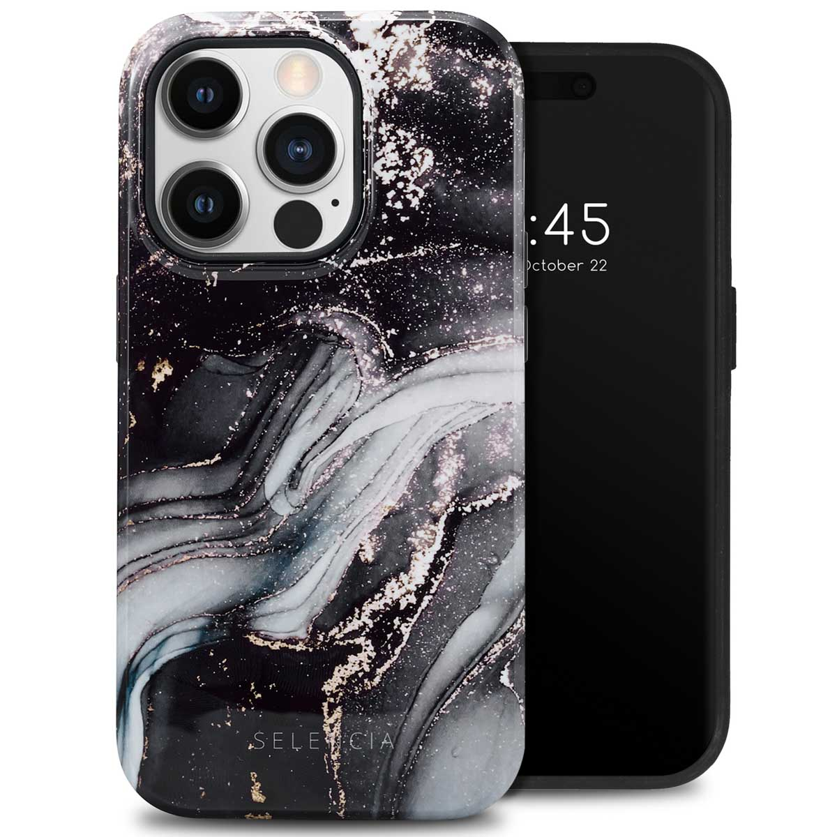 Téléphone avec une coque en marbre noir. Un téléphone noir avec une bordure noire est à droite.