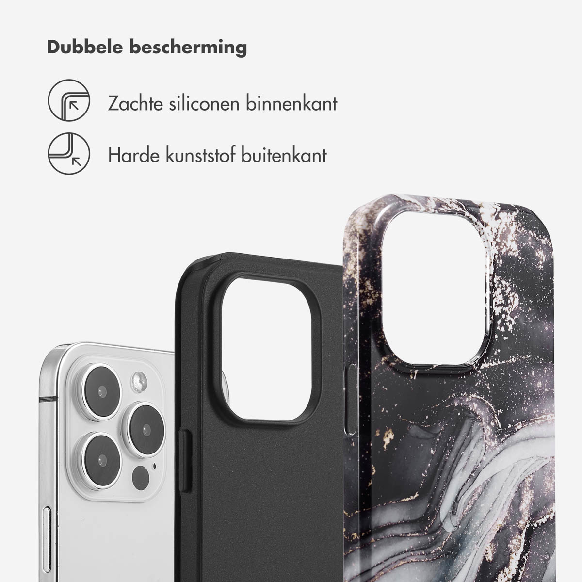 Coque de téléphone avec motif marbré et téléphone. Les parties de la coque sont noires et transparentes.