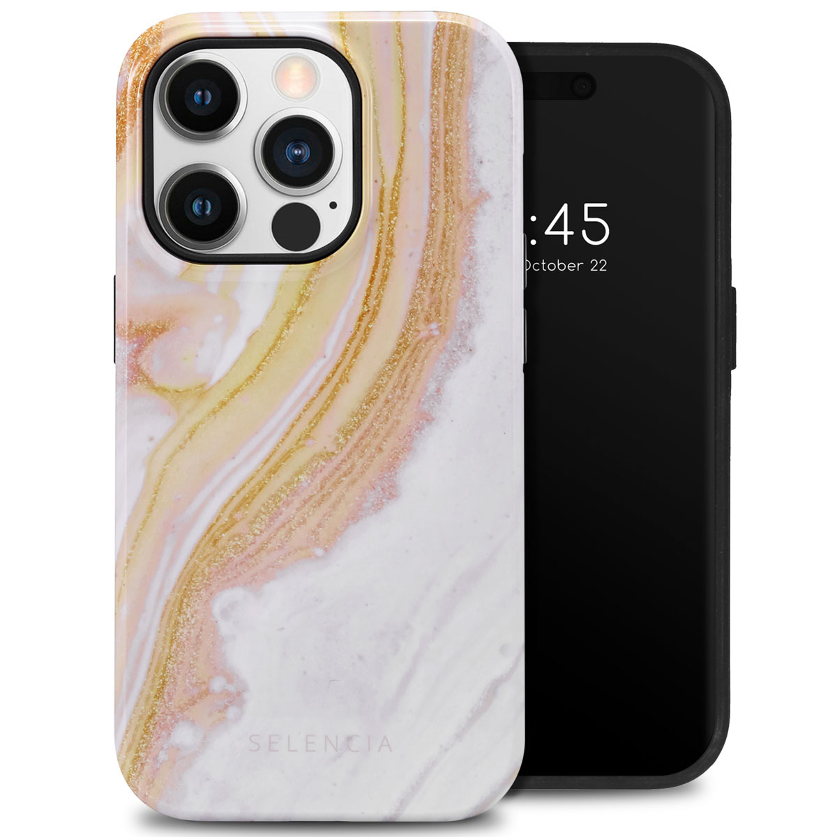 Een telefoon en hoesje met een wit en goud marmerpatroon, met een telefoon die de tijd aangeeft.