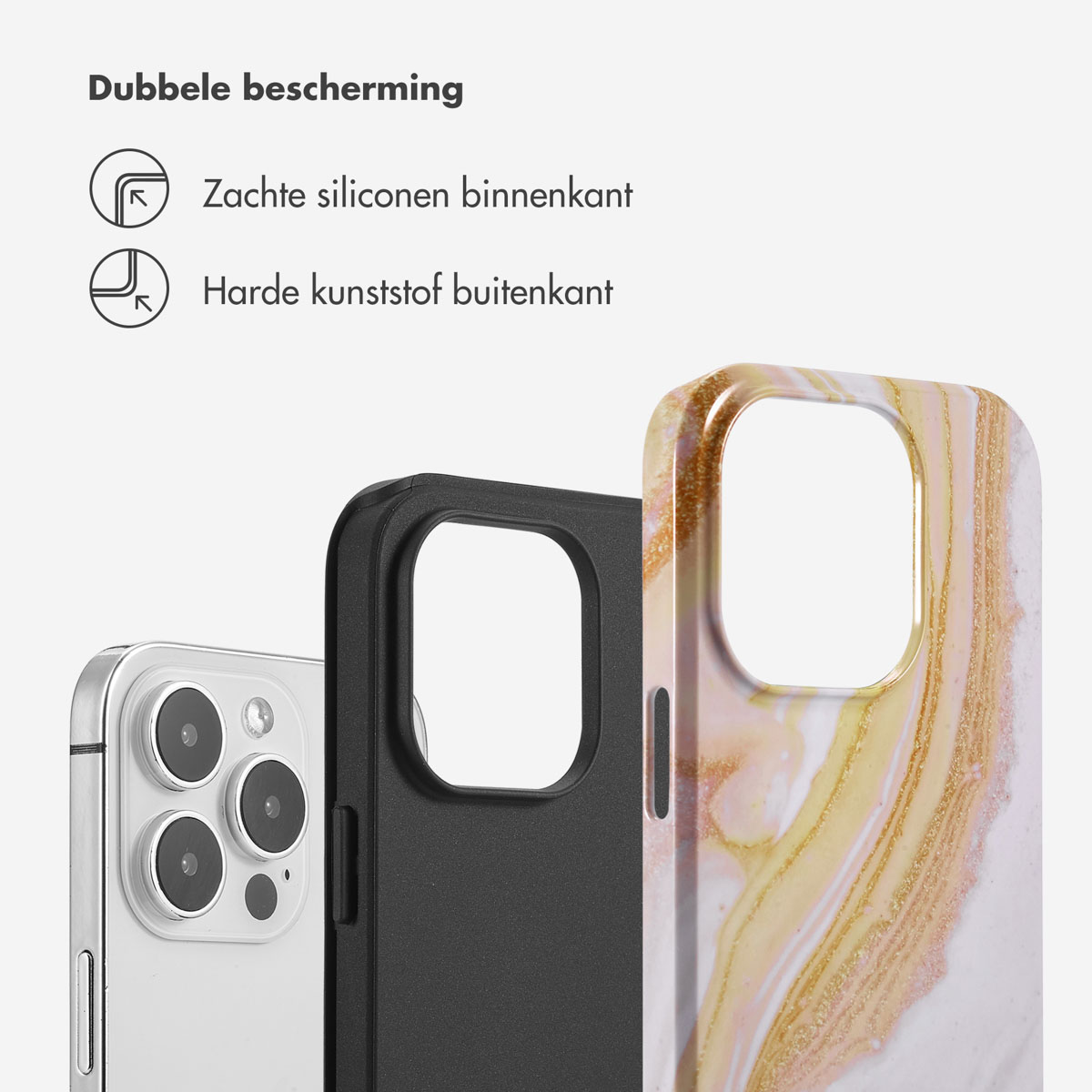 Telefoonhoesje met dubbele bescherming. Zachte siliconen binnenkant en hard plastic buitenkant. Marmerpatroon.