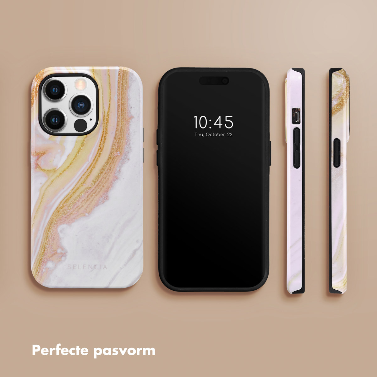 Drie telefoons: één met hoesje en één zonder. Hoesjes hebben een goud en wit marmerpatroon. Tekst: Perfecte pasvorm.