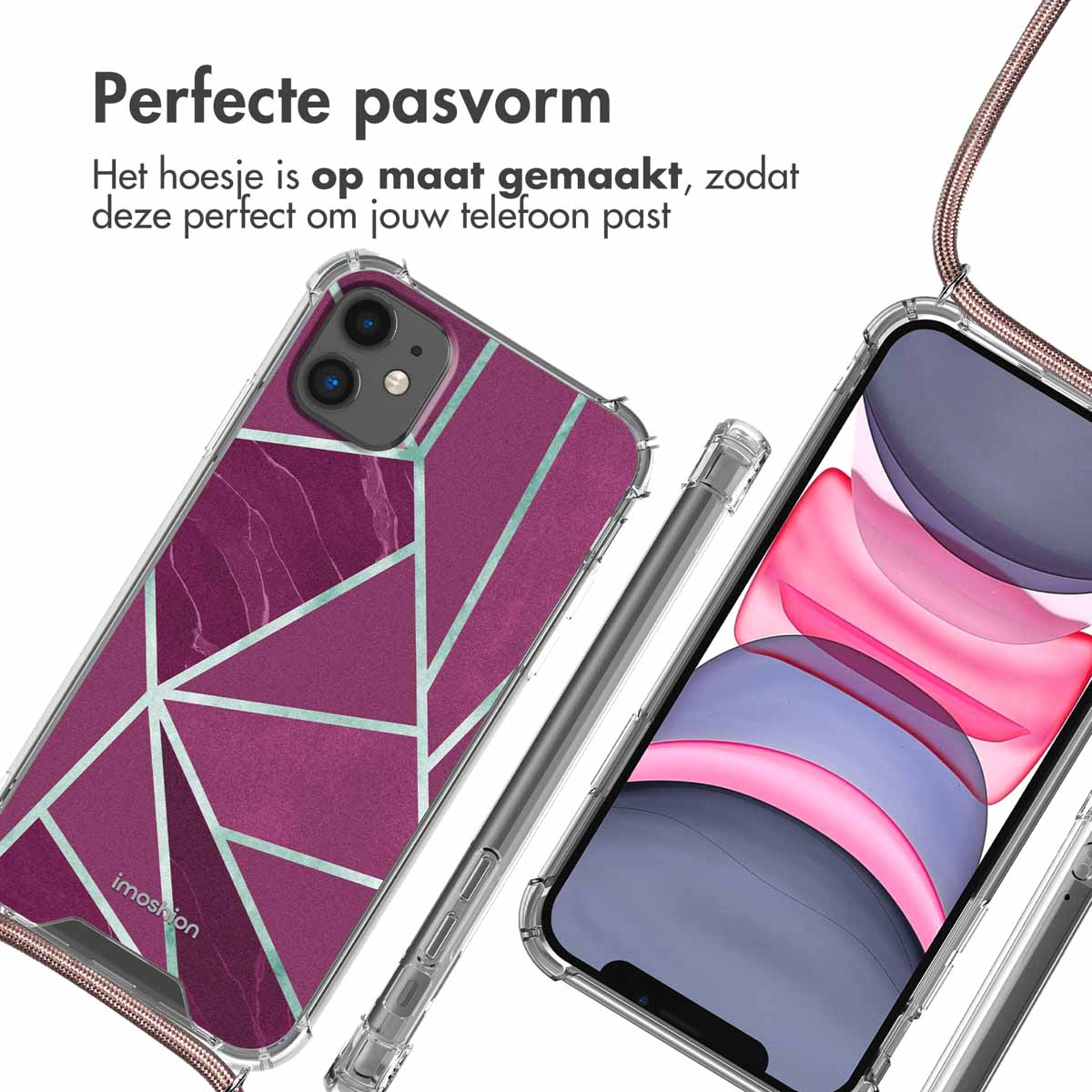 Telefoonhoesje met geometrisch ontwerp. Meerdere weergaven van telefoon en hoes. Paarse en zilveren kleuren.