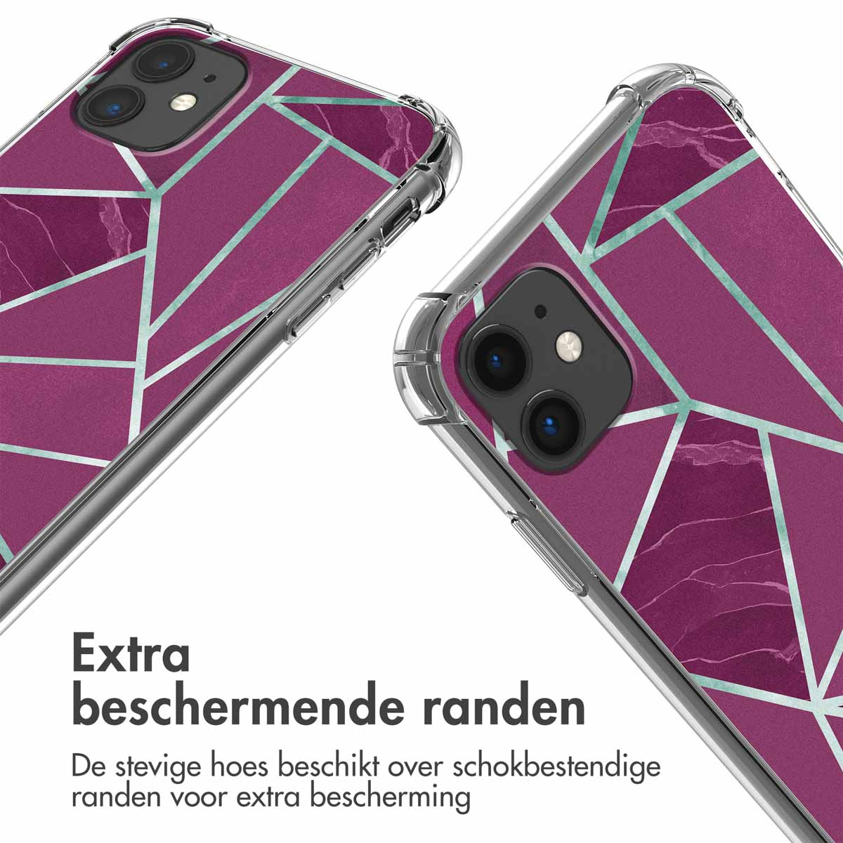 Telefoonhoesjes zijn transparant met een roze en blauw geometrisch ontwerp. De hoes is transparant.
