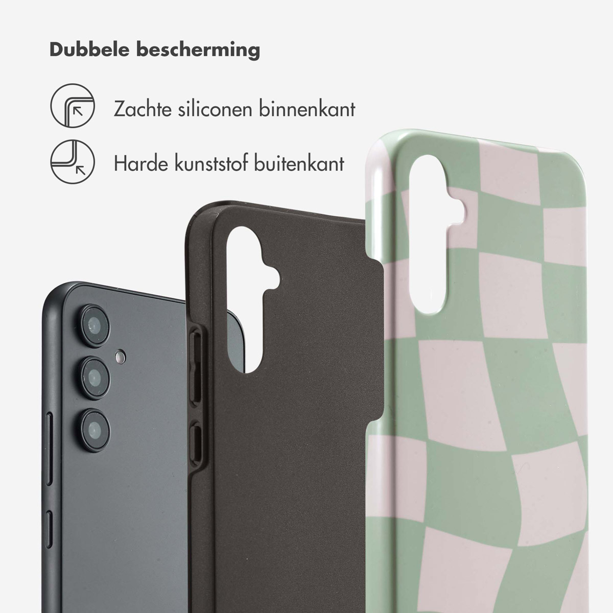 Telefoonhoesje met telefoon en hoesonderdelen. Hoesje is zwart, bruin en groen geruit.