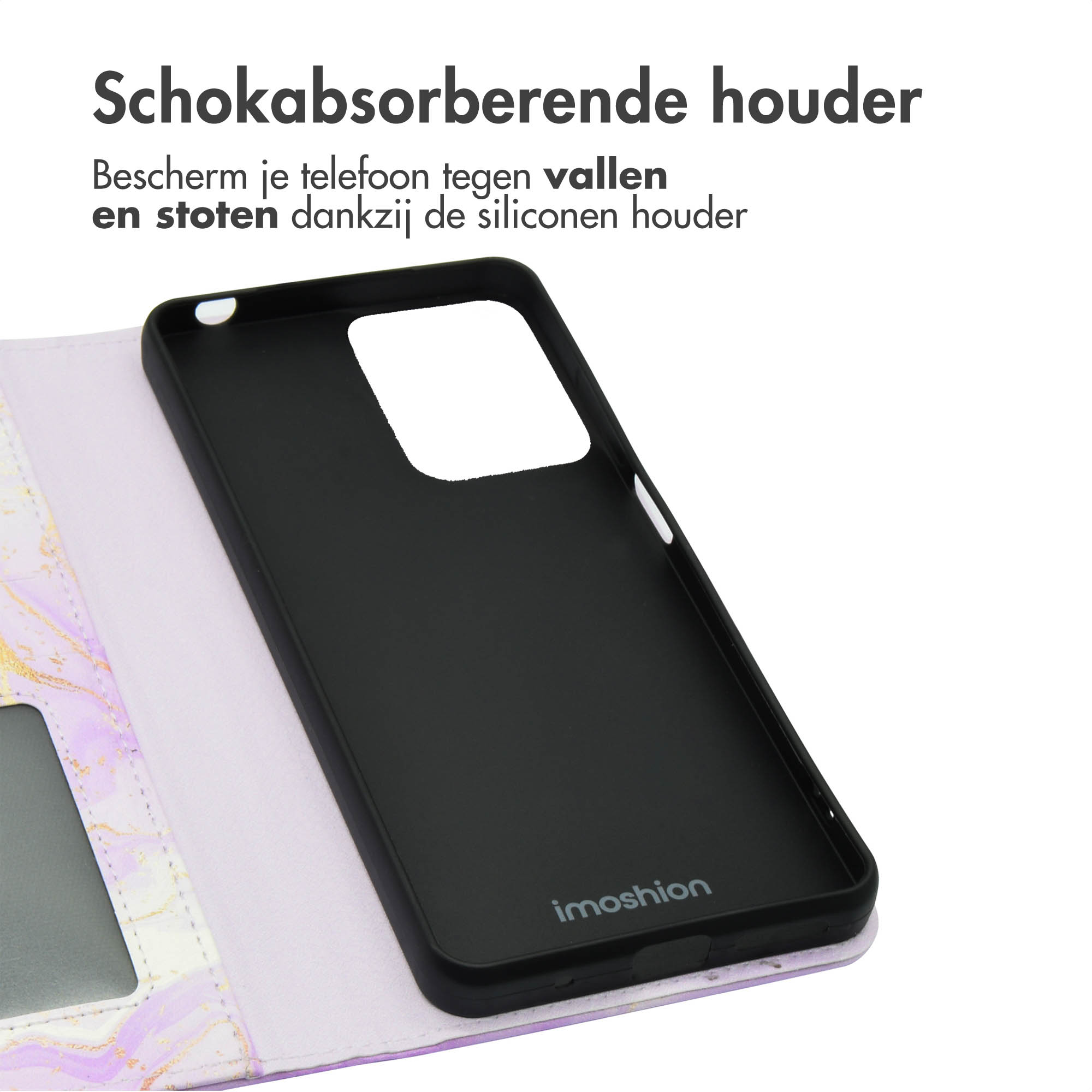 Een telefoonhoesje met een paars en wit design, met een zwarte telefoon erin.