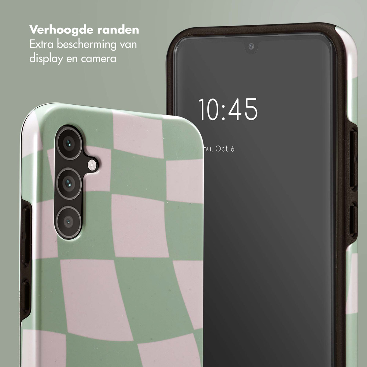 Close-up van telefoonhoesje en telefoon. Hoesje is groen geruit. Telefoon toont zwart scherm. Tekst: Verhoogde randen.