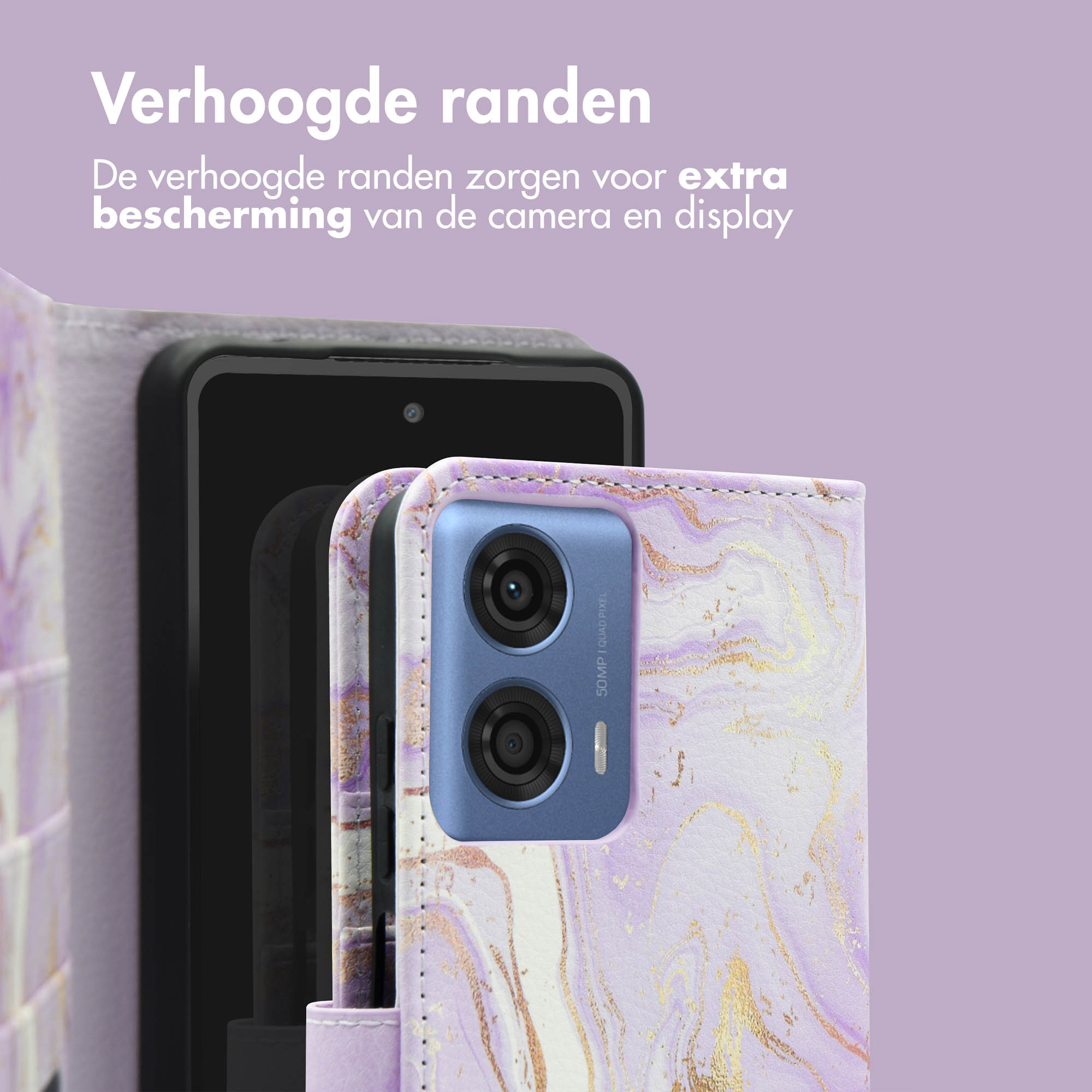 Een telefoonhoesje met een lavendel marmer ontwerp. Een telefoon zit in de hoes. De achtergrond is lavendel.