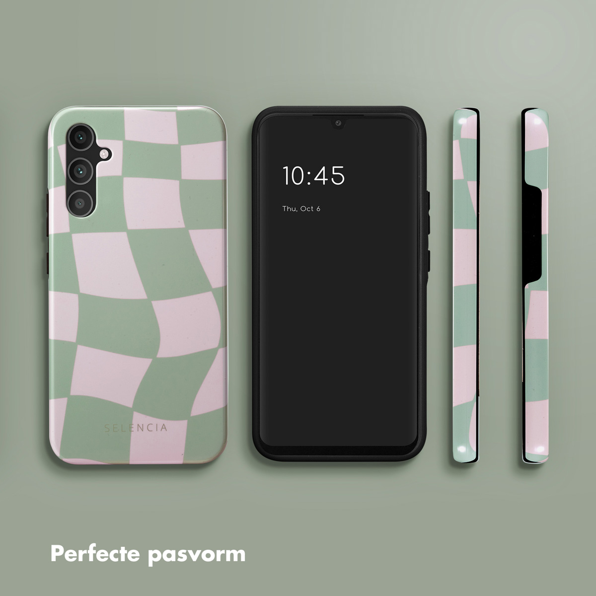 Telefoon met een groen en roze dambordhoesje, scherm toont de tijd. Tekst: Perfecte pasvorm.