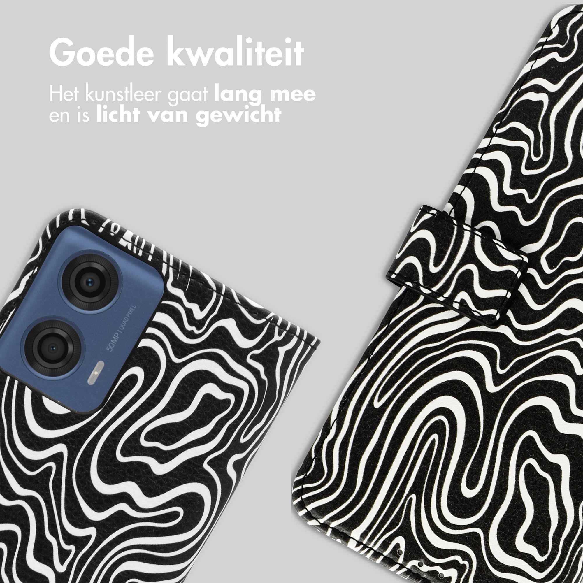 Zwart-witte telefoonhoes met golfpatroon, telefoon met camera.