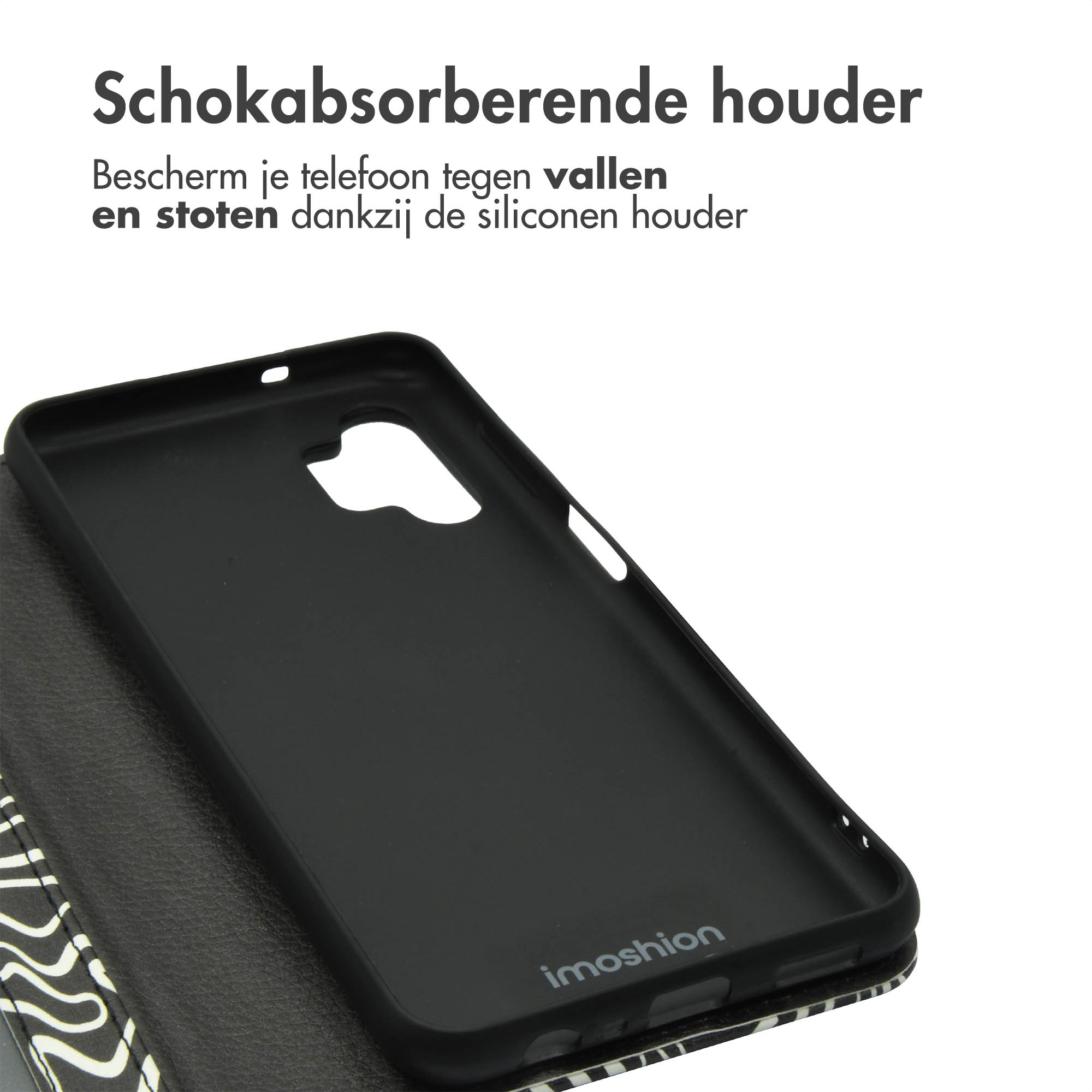 Intérieur de coque de téléphone noir, avec une coque de téléphone partiellement ouverte.