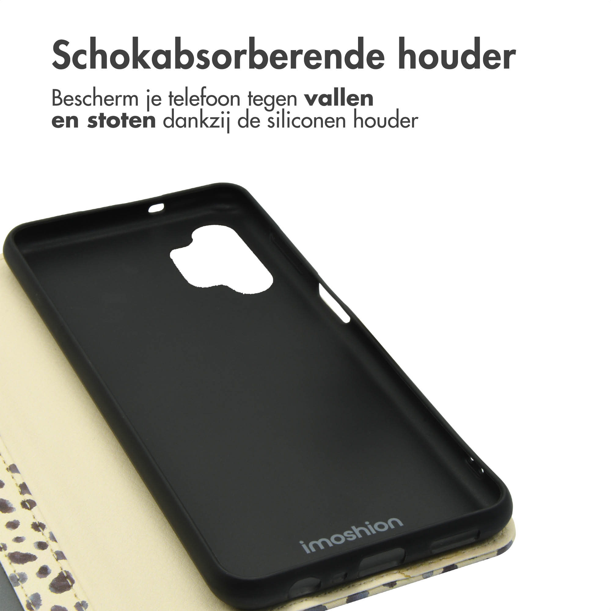 Intérieur de l'étui du téléphone montrant un support noir avec un motif léopard. Texte : Support absorbant les chocs.