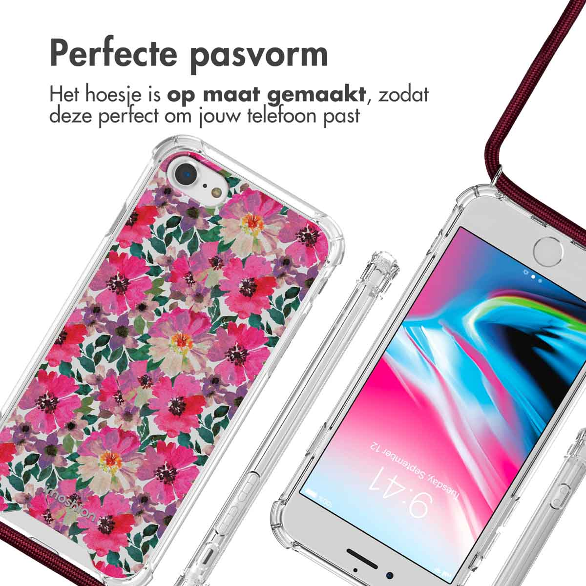 Twee telefoons met hoesjes. Hoesjes hebben een bloemenpatroon. Eén telefoon toont de tijd 9:41.