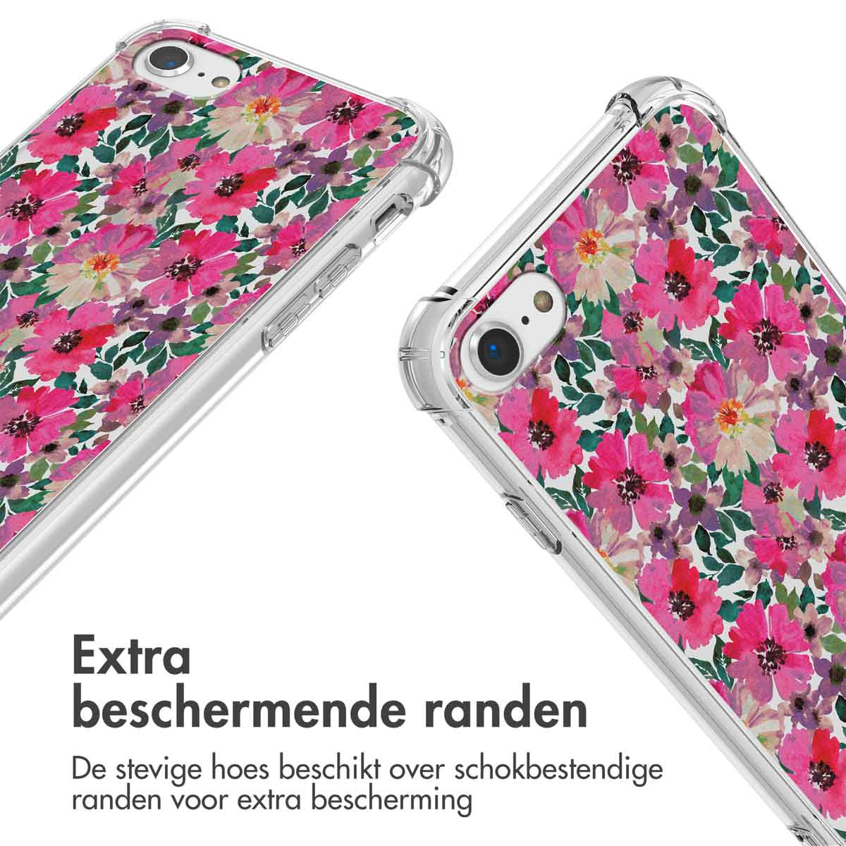Twee telefoons met hoesjes. De hoesjes hebben roze bloemenpatronen, met doorzichtige randen.