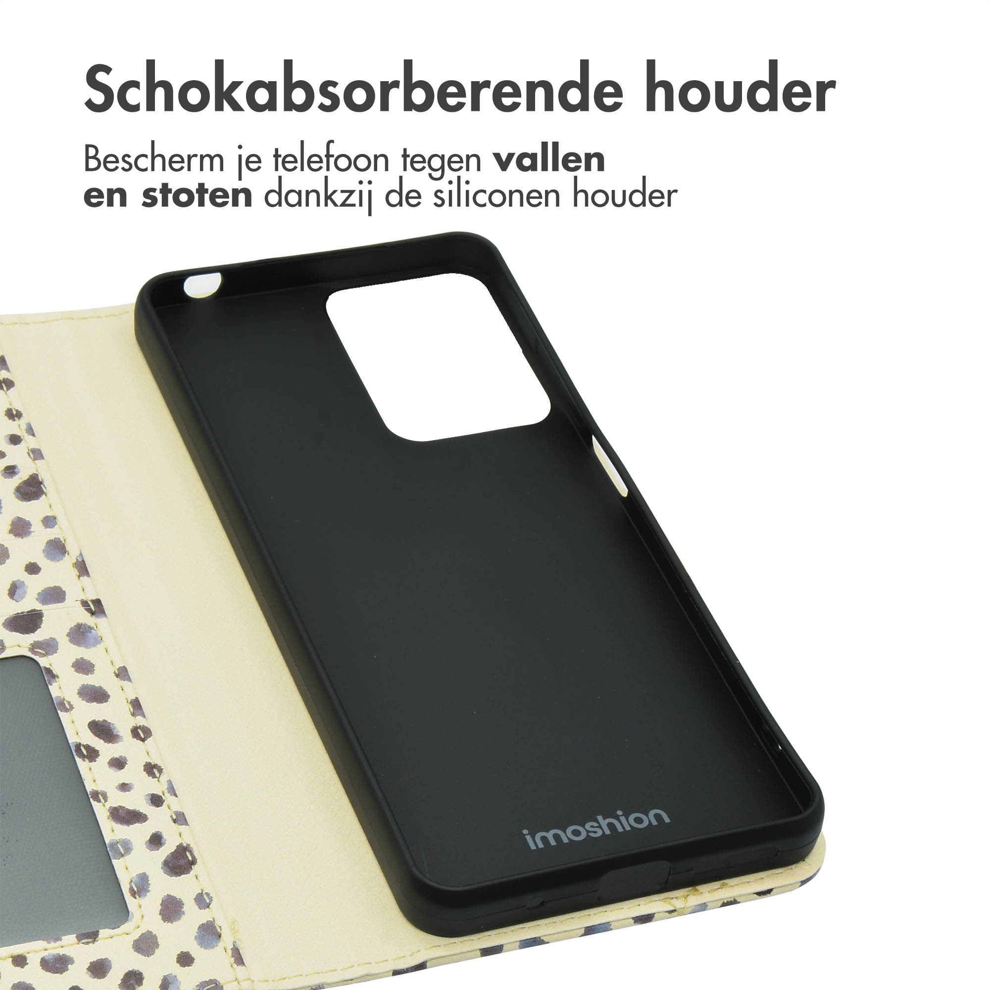 Coque de téléphone ouverte montrant un intérieur noir. La coque a un imprimé léopard. Texte : Support amortissant.