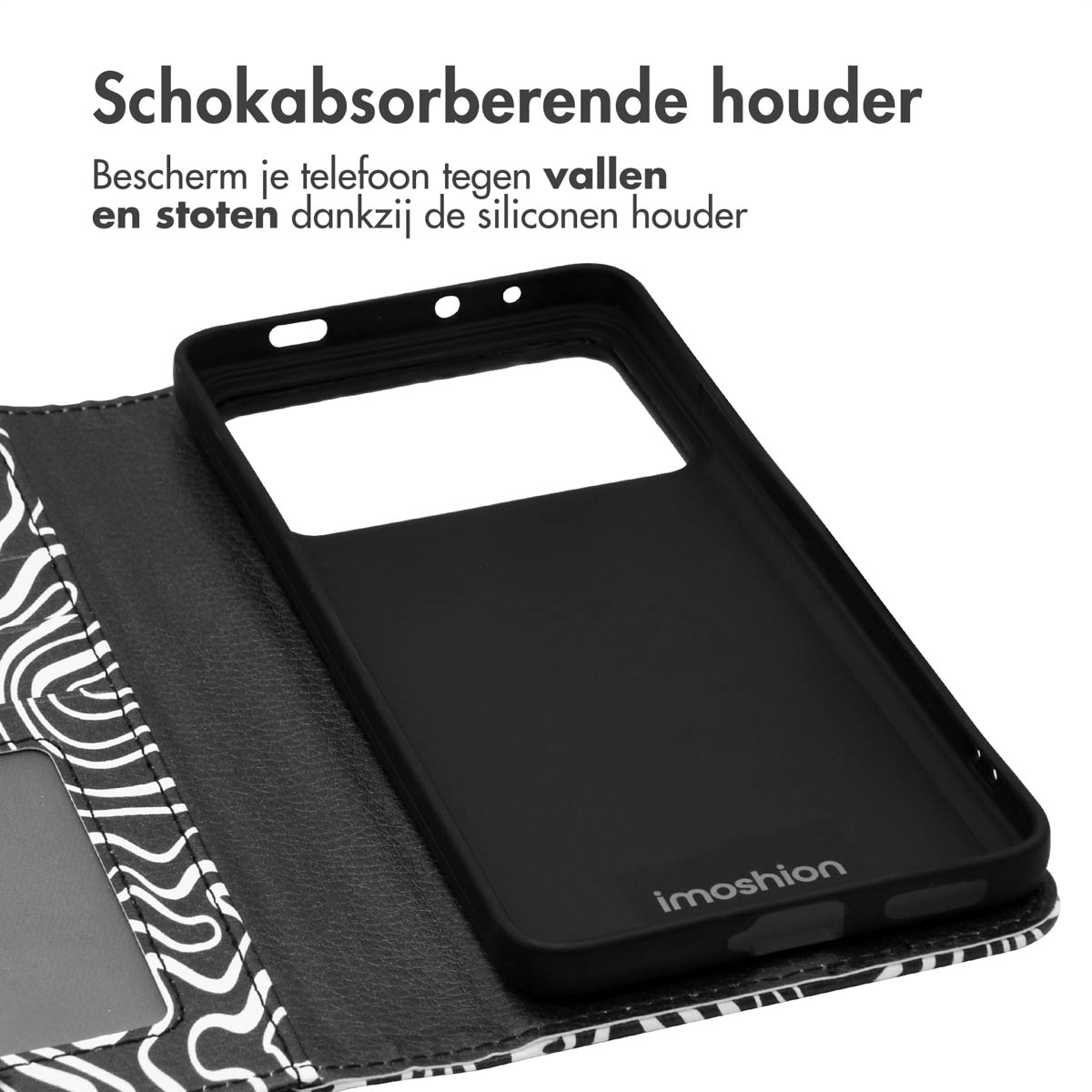 Binnenkant van een telefoonhoesje, open, met een telefoonhouder. Tekst geeft beschermingsfuncties aan.