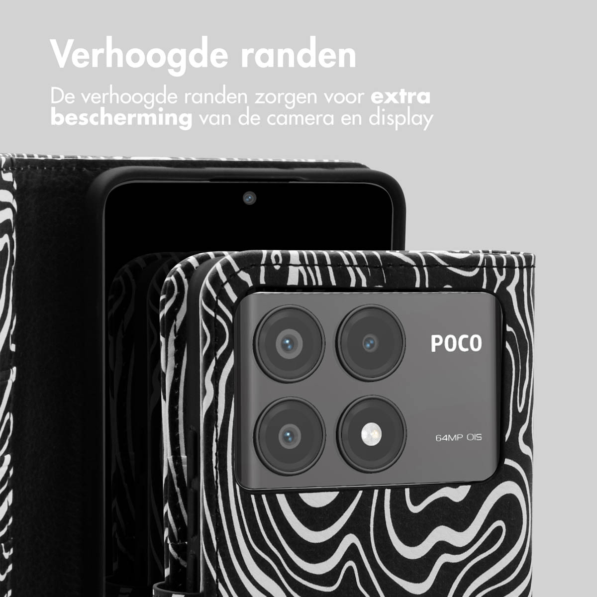 Telefoonhoesje met zebrapatroon. Close-up van telefoon met hoesje en POCO cameralenzen.