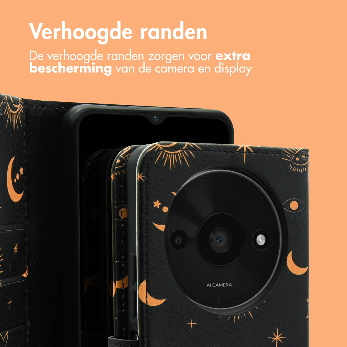 Een telefoonhoesje open met een telefoon erin. De hoes is zwart met een gouden maan- en sterrenontwerp.