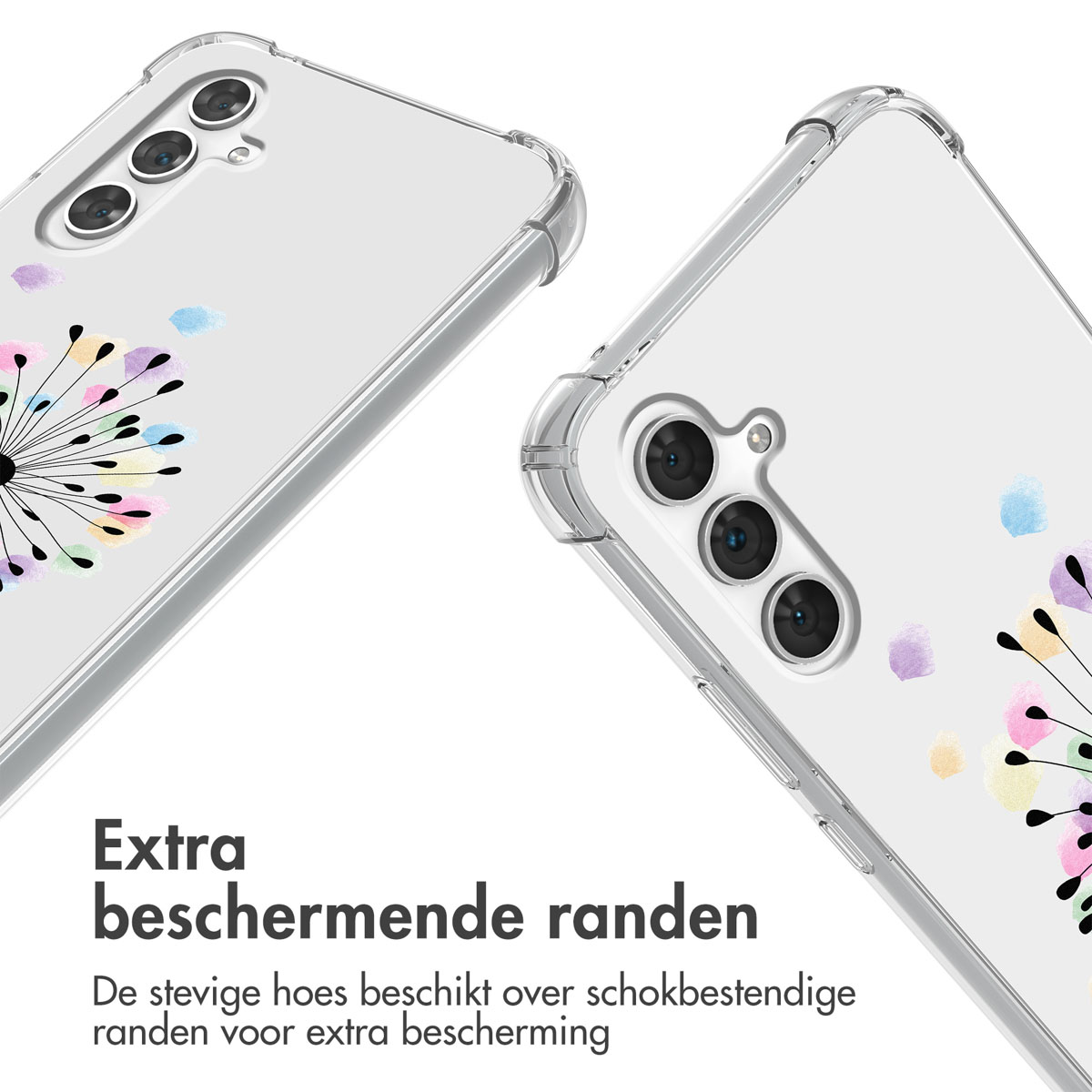 Twee doorzichtige telefoonhoesjes met een paardenbloem- en gekleurde stippen design.