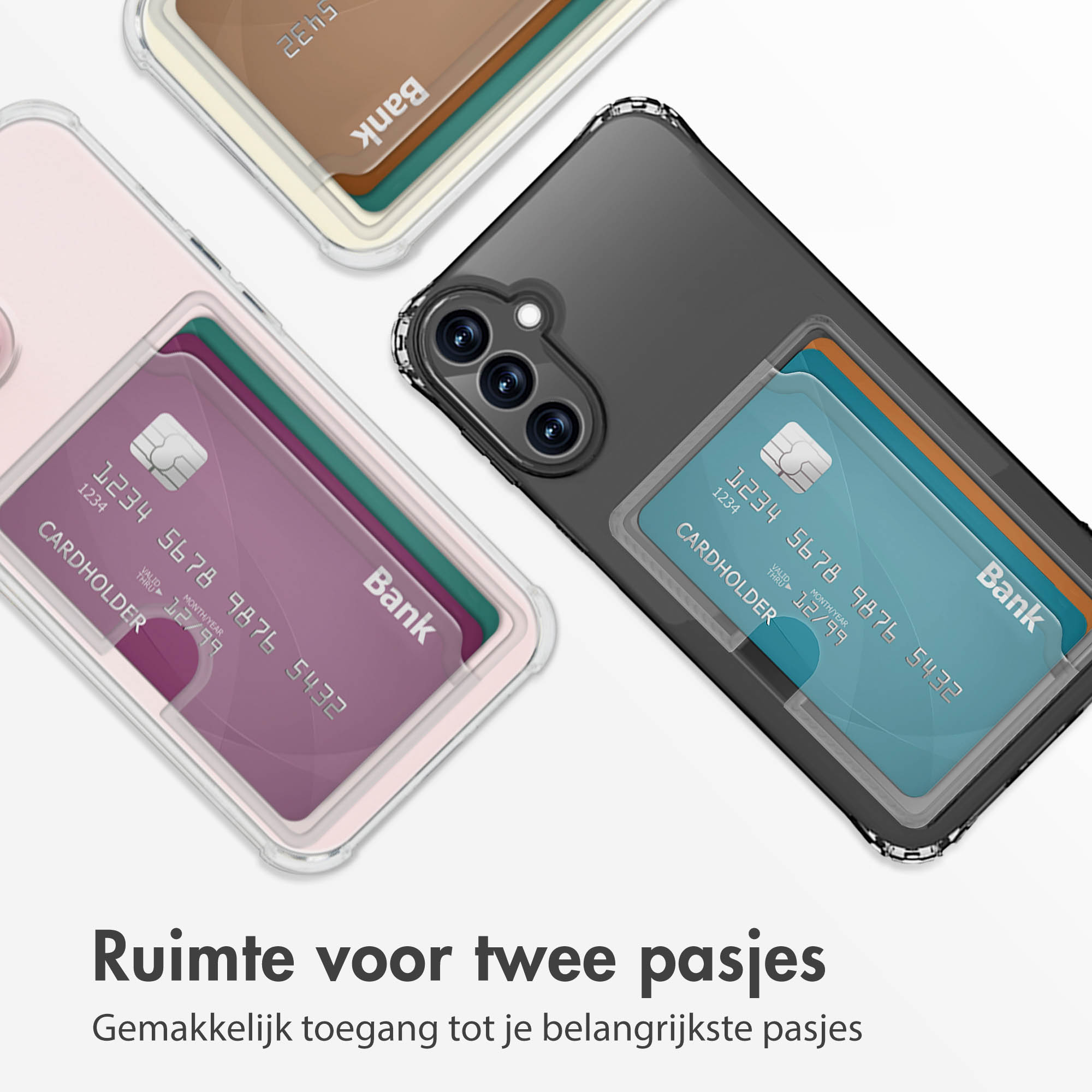 Drie telefoonhoesjes met creditcards erin. Roze, beige en zwart. Allemaal met 'Bank' op de kaarten.