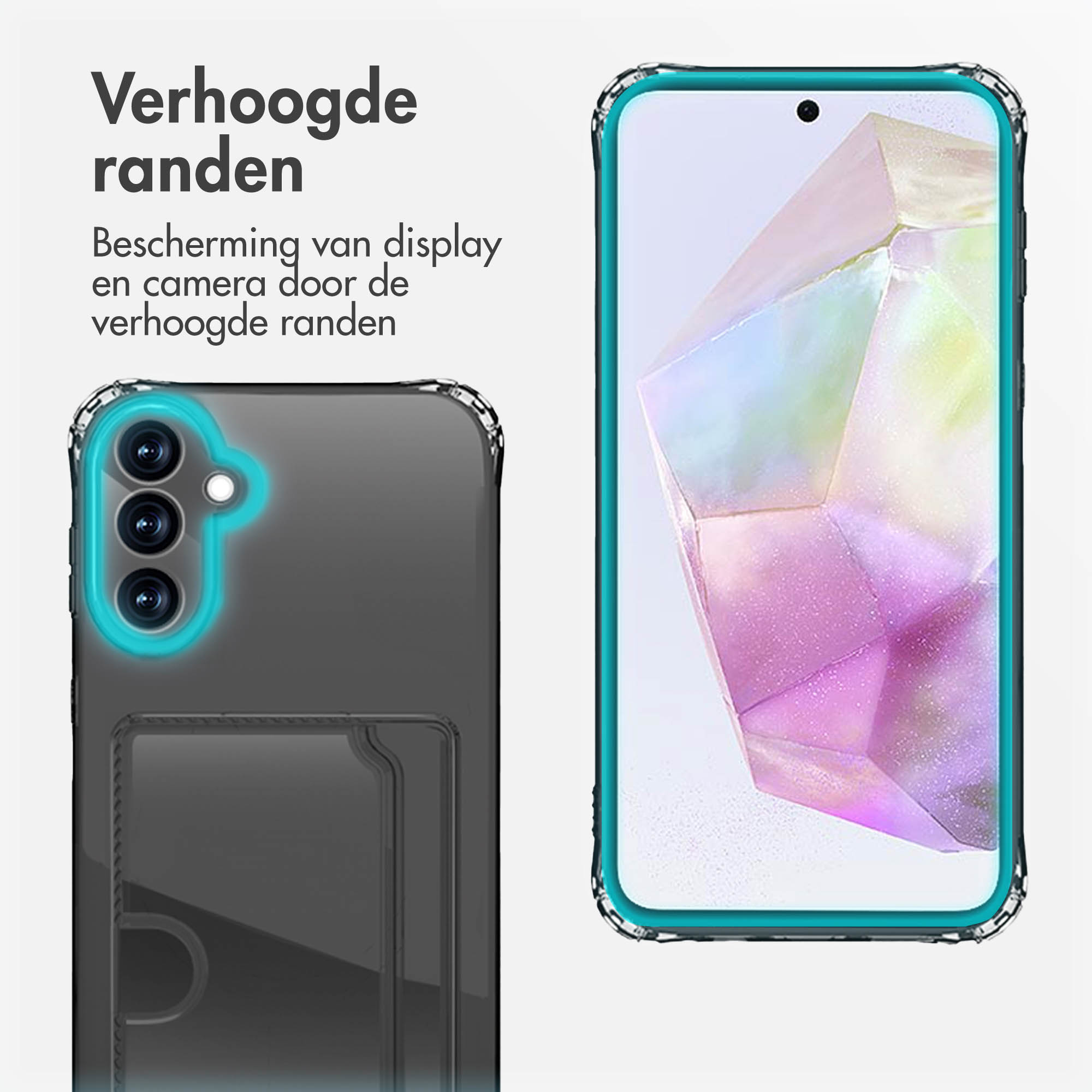 Telefoon en hoesje. Het hoesje is zwart. Tekst: Bescherming van display en camera door verhoogde randen.