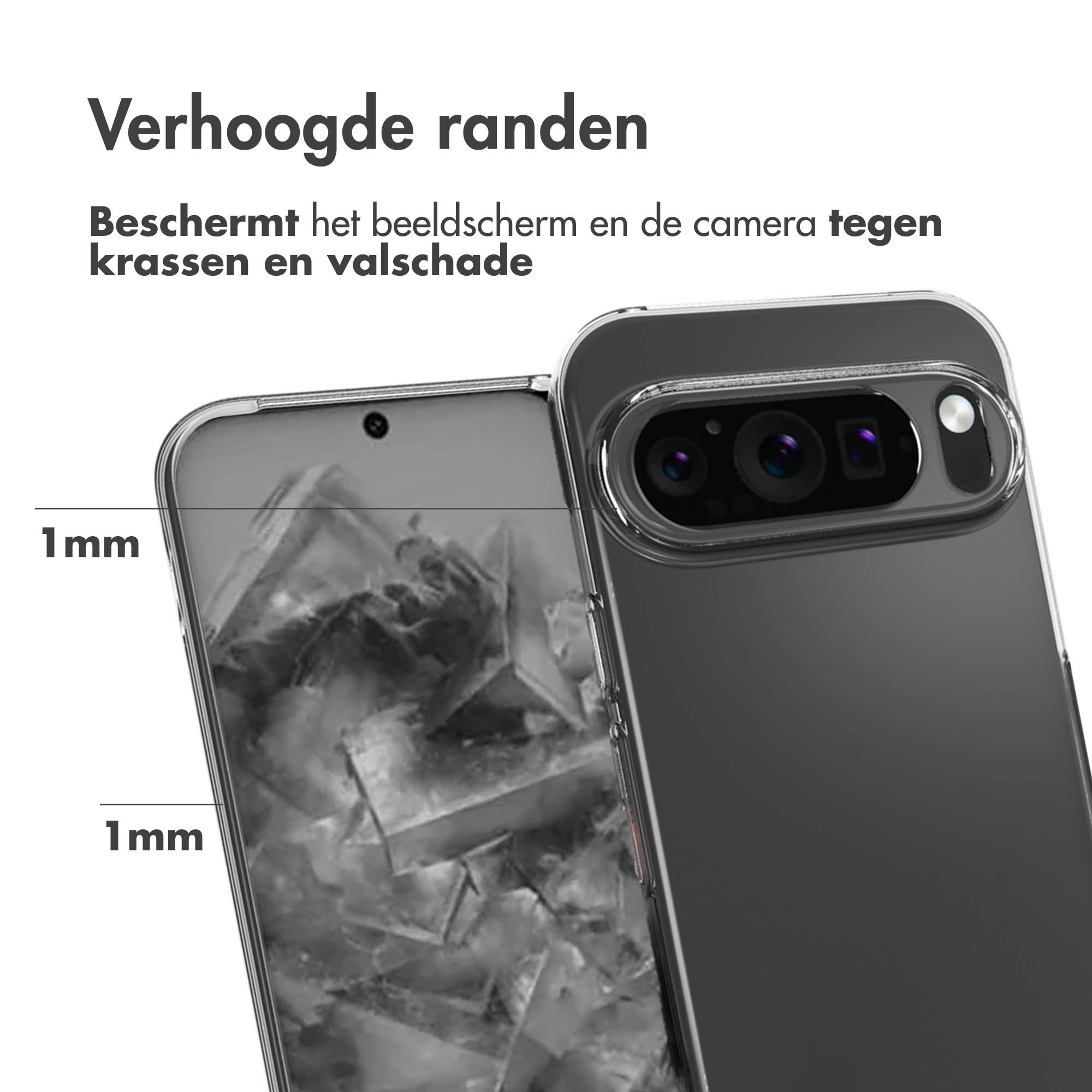 Telefono con custodia. La custodia mostra lo schermo con una linea che indica 1mm. Telefono e custodia neri.