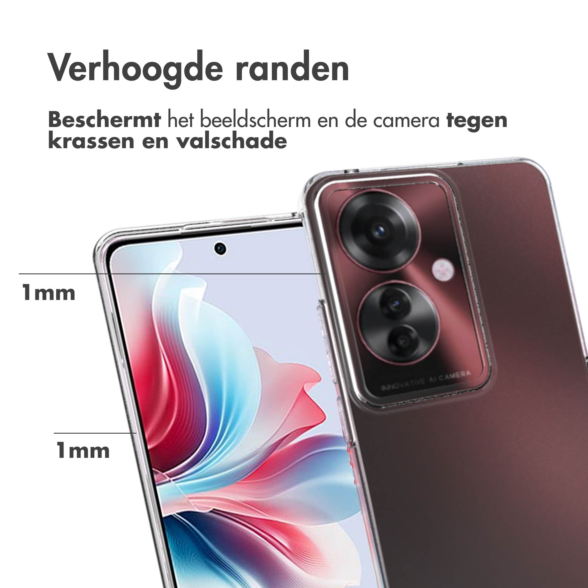 Close-up van een cameralens van een telefoon achter een doorzichtige case. Tekst zegt dat de case beschermt tegen krassen.