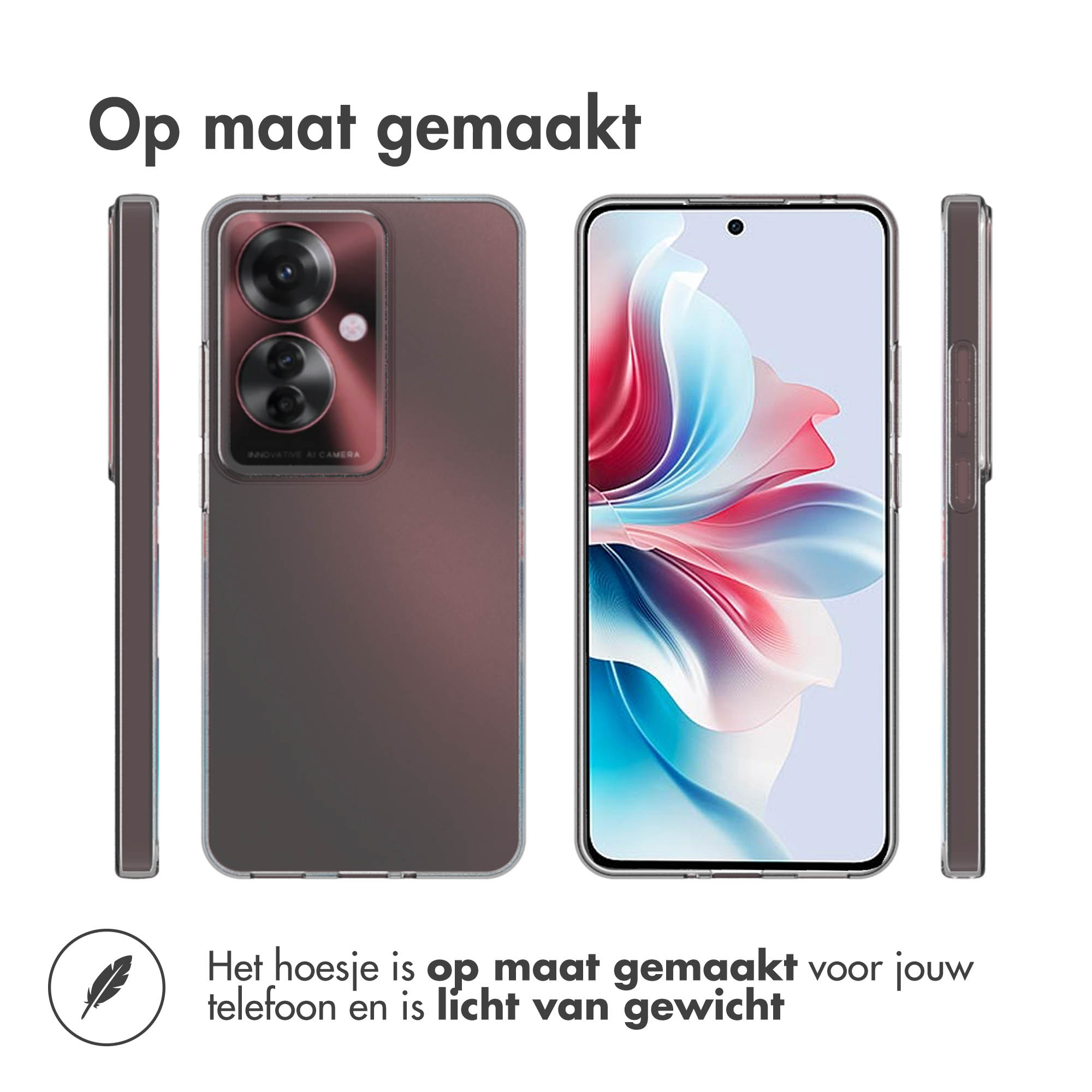 Telefoon en hoesje. Het hoesje is transparant met een roze design. Tekst: Het hoesje is gemaakt voor je telefoon.