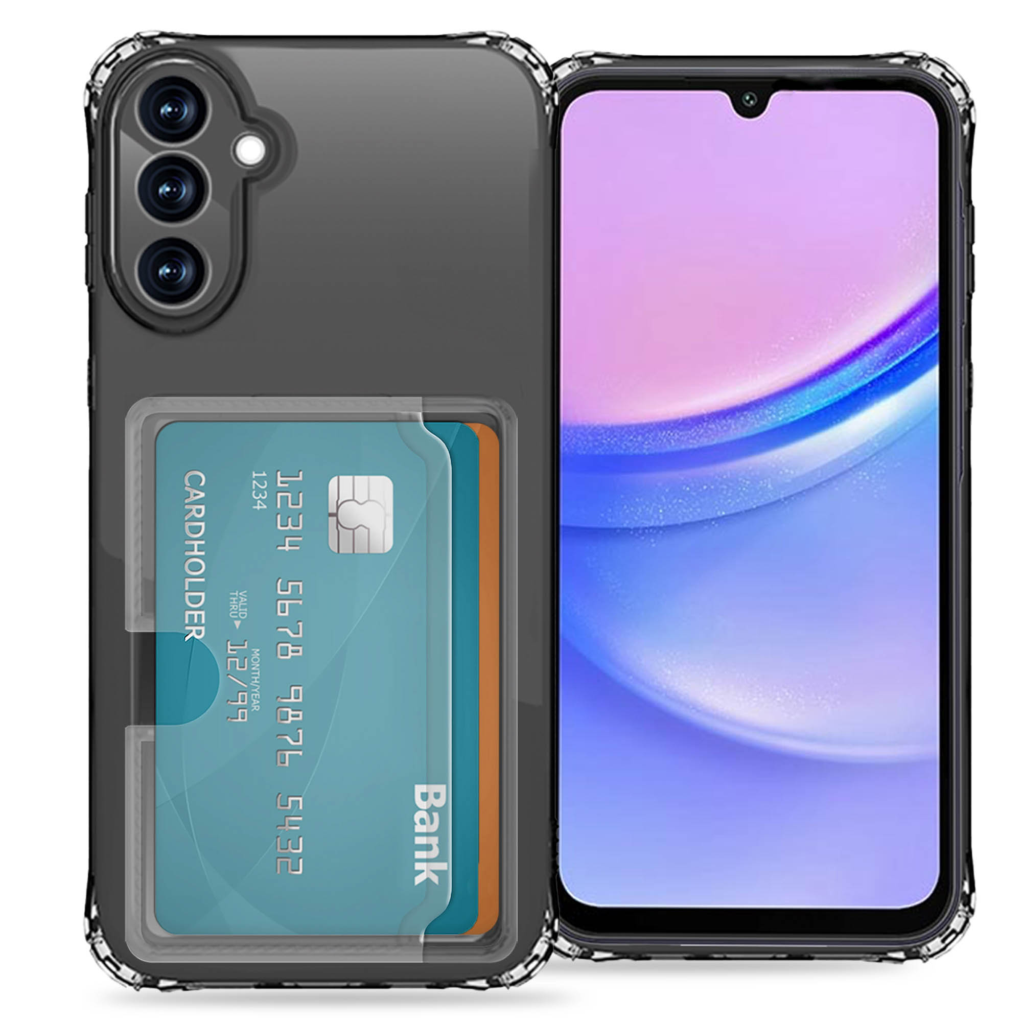 Téléphone avec une coque transparente, un porte-cartes et une carte de crédit. L'écran du téléphone est vide.