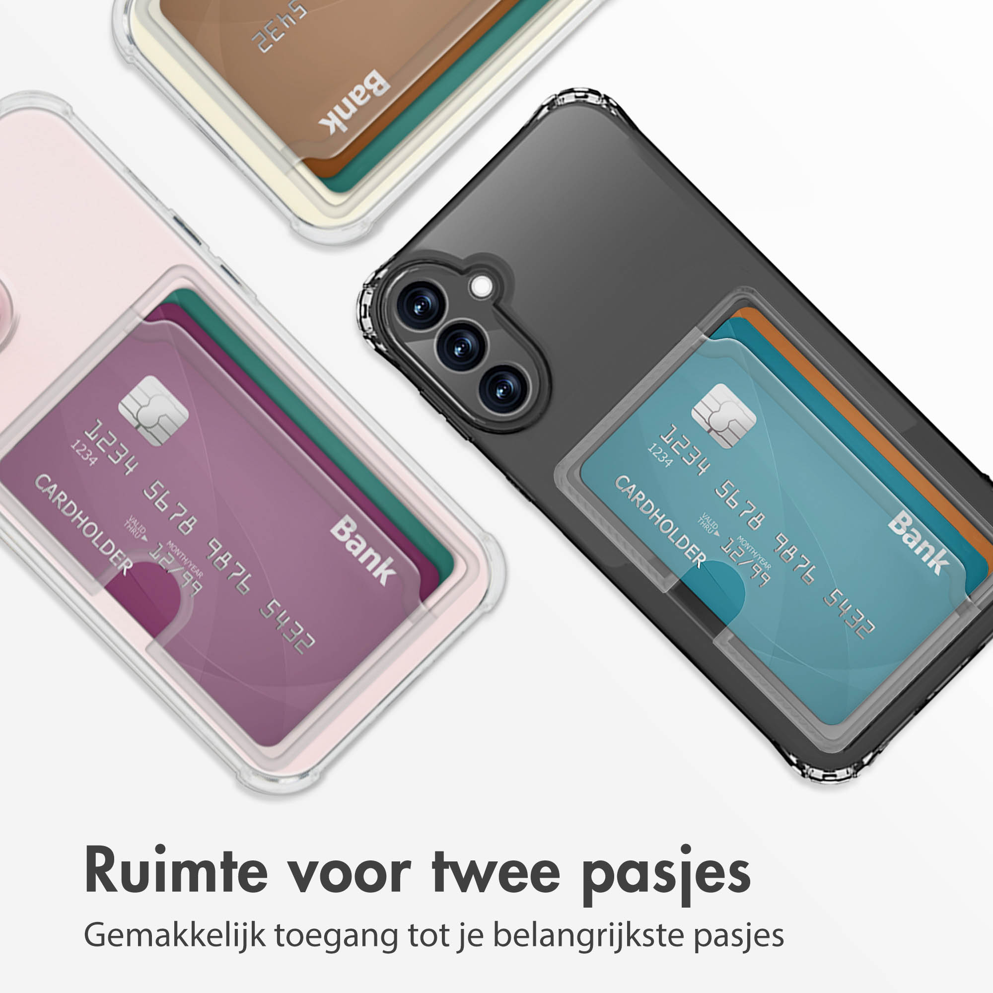 Drie telefoonhoesjes met creditcards erin. Roze, beige en zwart. Allemaal met 'Bank' op de kaarten.