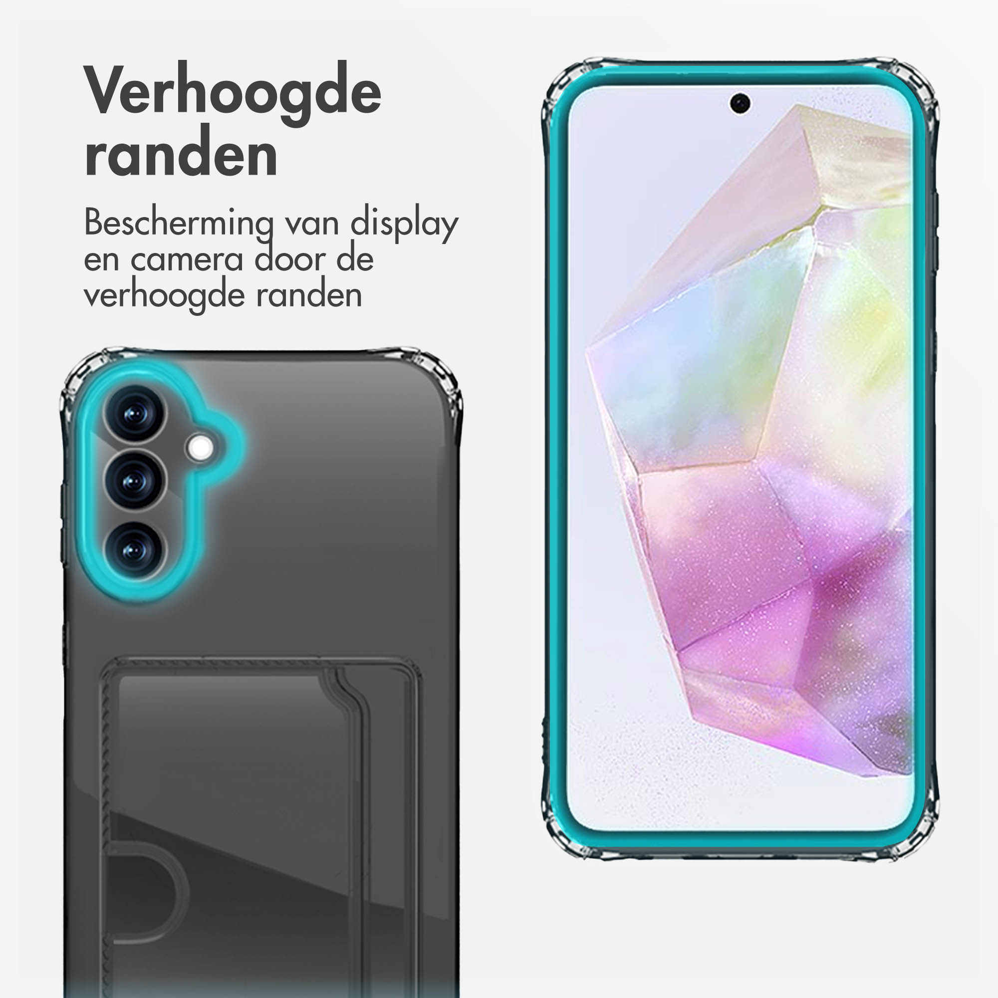Een telefoon in een hoesje met een kaartsleuf, met een close-up van het telefoonscherm.