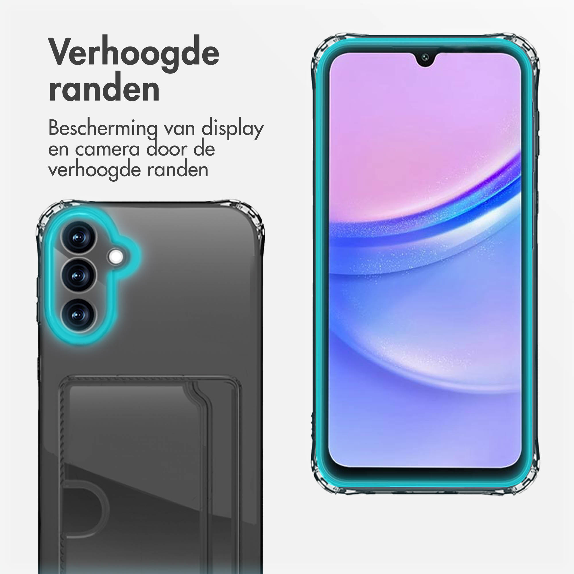 Coque de téléphone avec dos transparent et bord bleu. Un téléphone est dans la coque. Le fond est un dégradé.