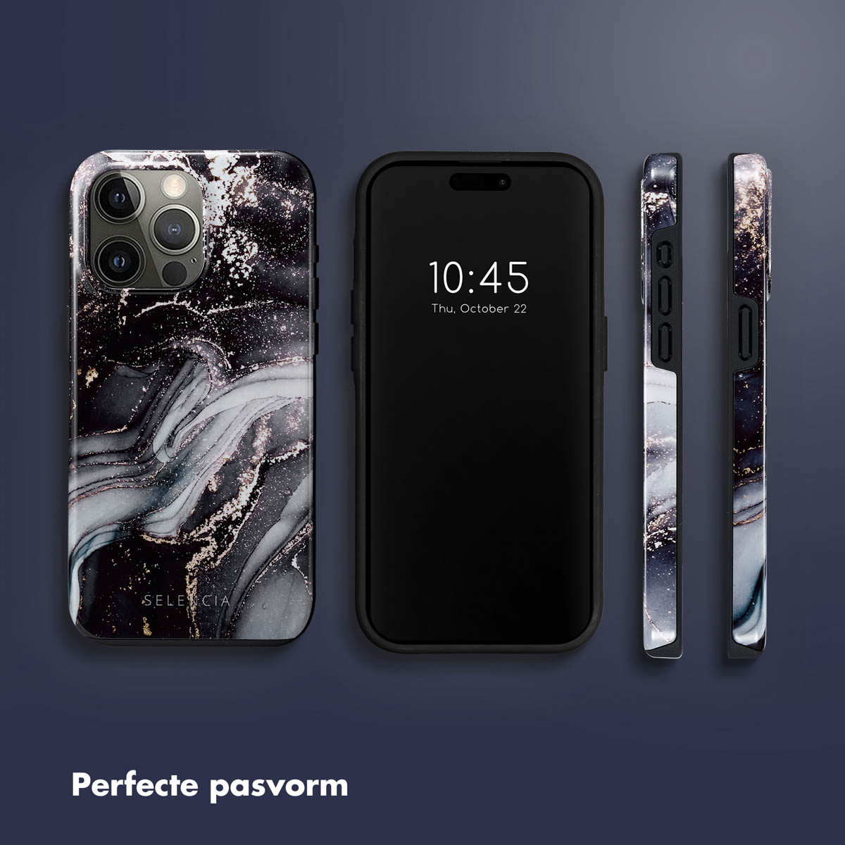 Téléphone avec étui noir, gris et doré semblable à du marbre, écran noir affichant l'heure et étuis latéraux assortis. Fond sombre.