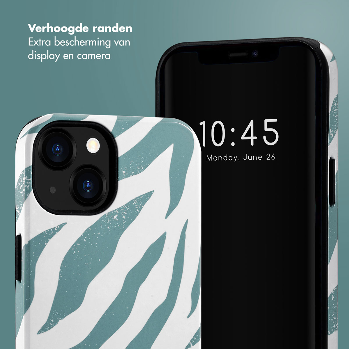 Een telefoon en hoesjes met een turquoise en witte zebraprint. De telefoon toont de tijd.