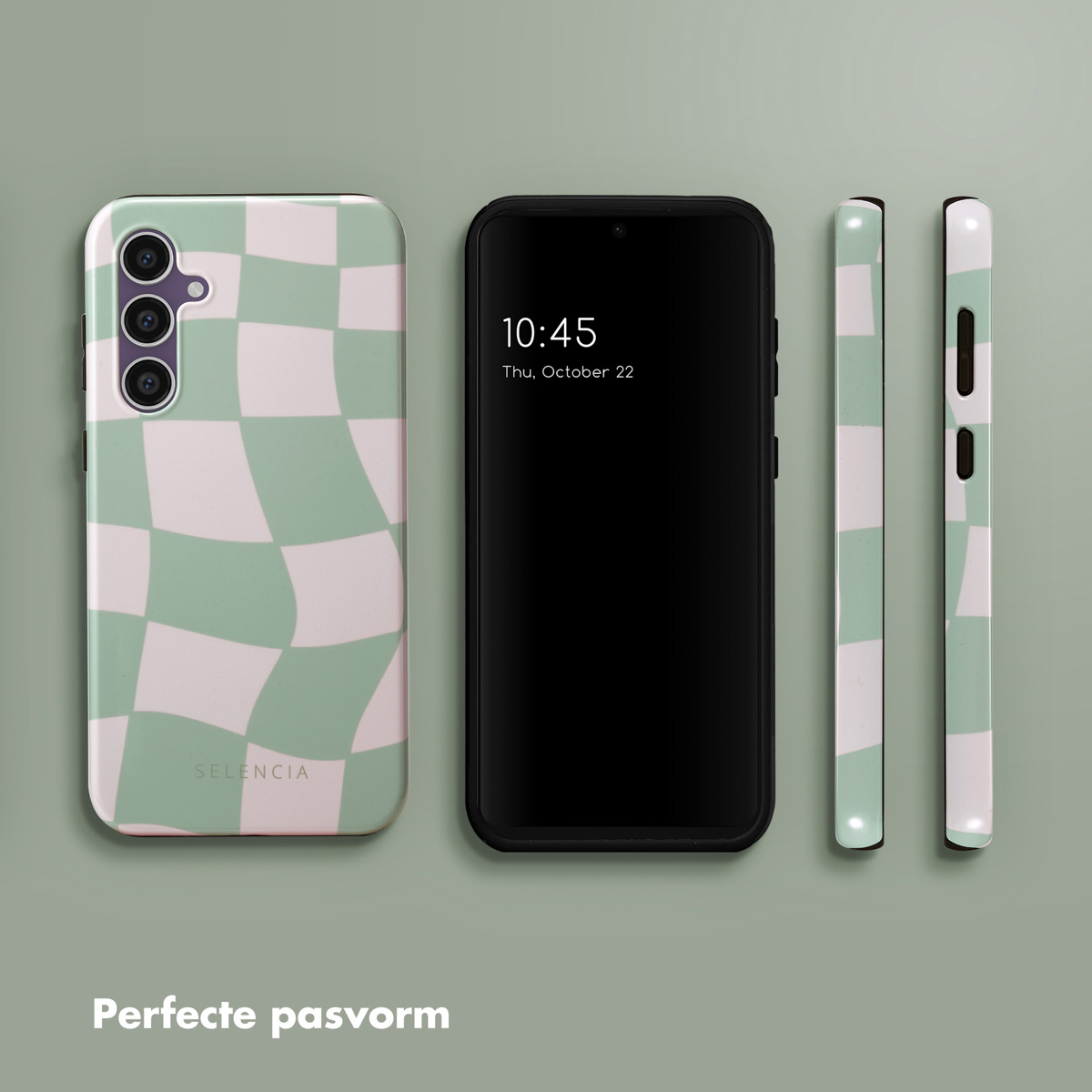Drie telefoons met hoesjes. Eén groen-wit geruit design, tegen een groene achtergrond.