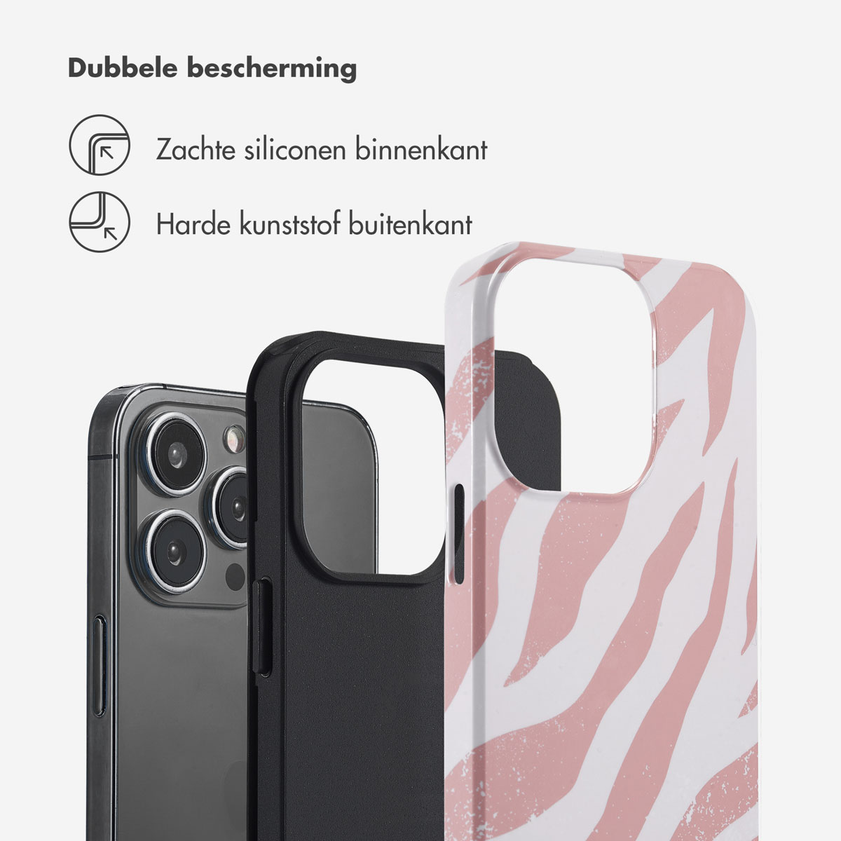 Telefoonhoesjes: een telefoon met een roze en witte zebra gestreepte hoes, een zwarte hoes en een telefoon met camera's.