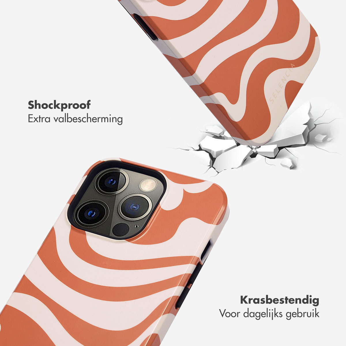 Coque de téléphone avec motif ondulé orange et blanc. La coque se brise, montrant l'impact. Texte : Antichoc, résistant aux rayures.
